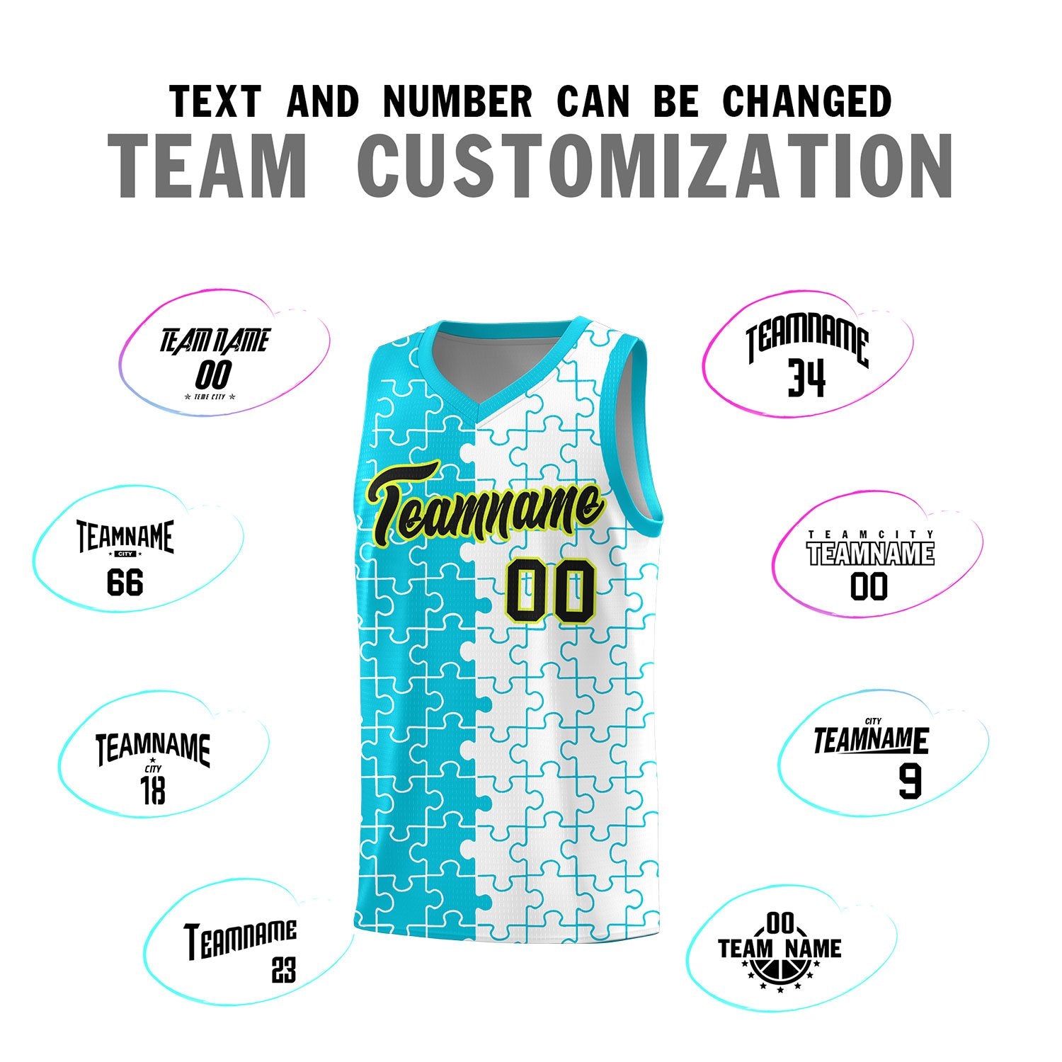 Custom Sky Blue White Splid Basketball Kits With Puzzle Pattern