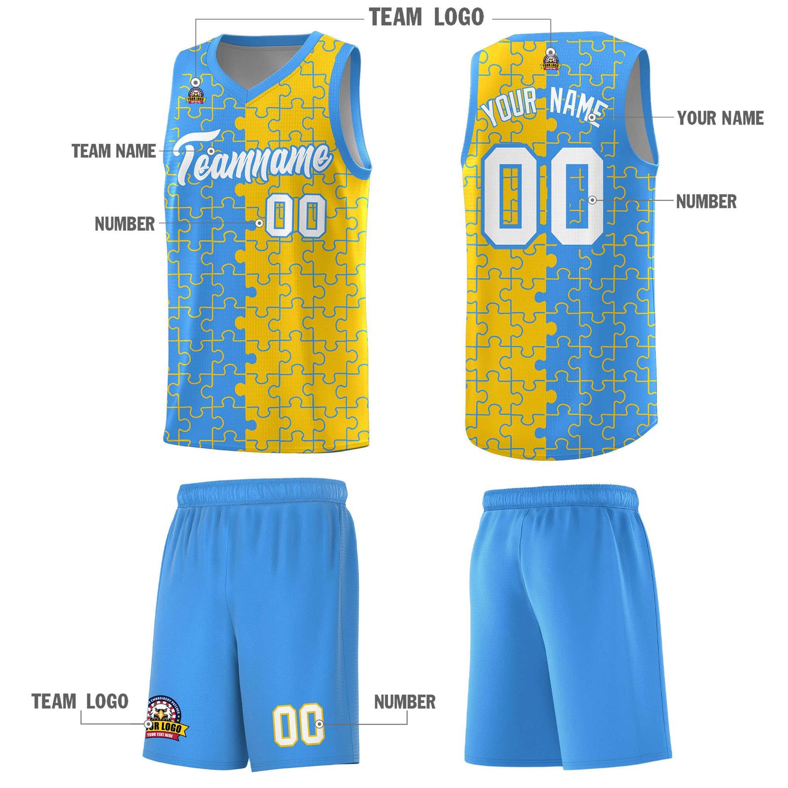 Custom Light Blue Gold Splid Basketball Kits With Puzzle Pattern