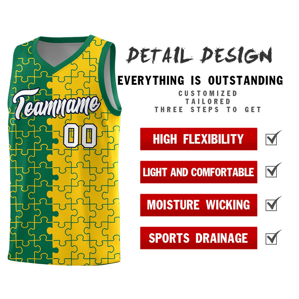 Custom Kelly Green Gold Splid Basketball Kits With Puzzle Pattern