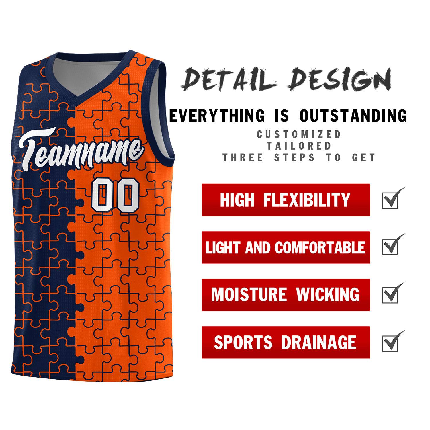 Custom Navy Orange Splid Basketball Kits With Puzzle Pattern