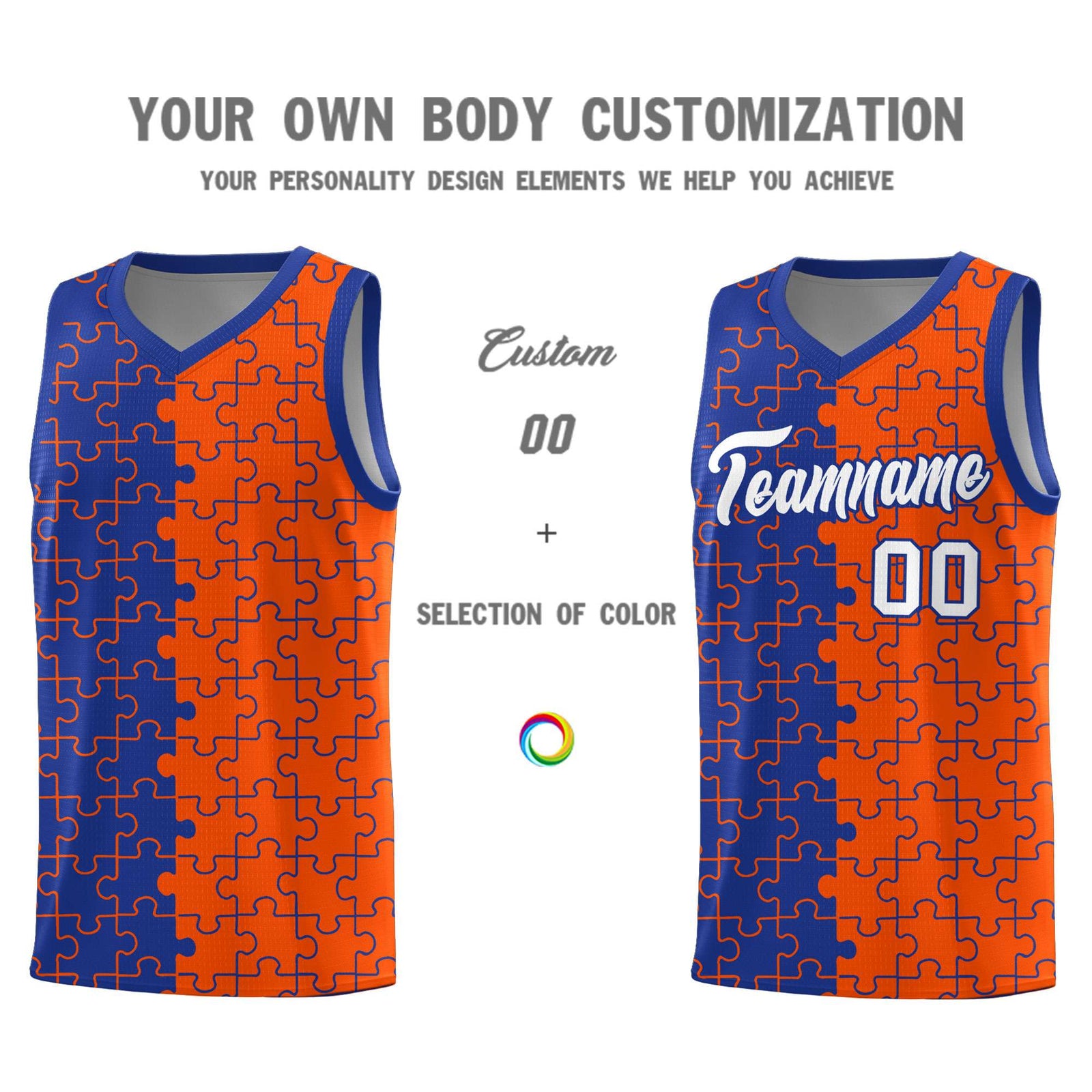 Custom Royal Orange Splid Basketball Kits With Puzzle Pattern
