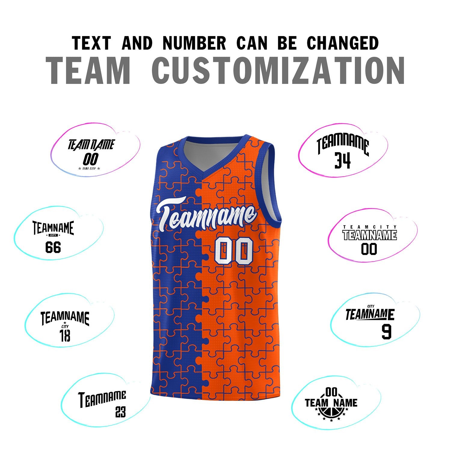 Custom Royal Orange Splid Basketball Kits With Puzzle Pattern