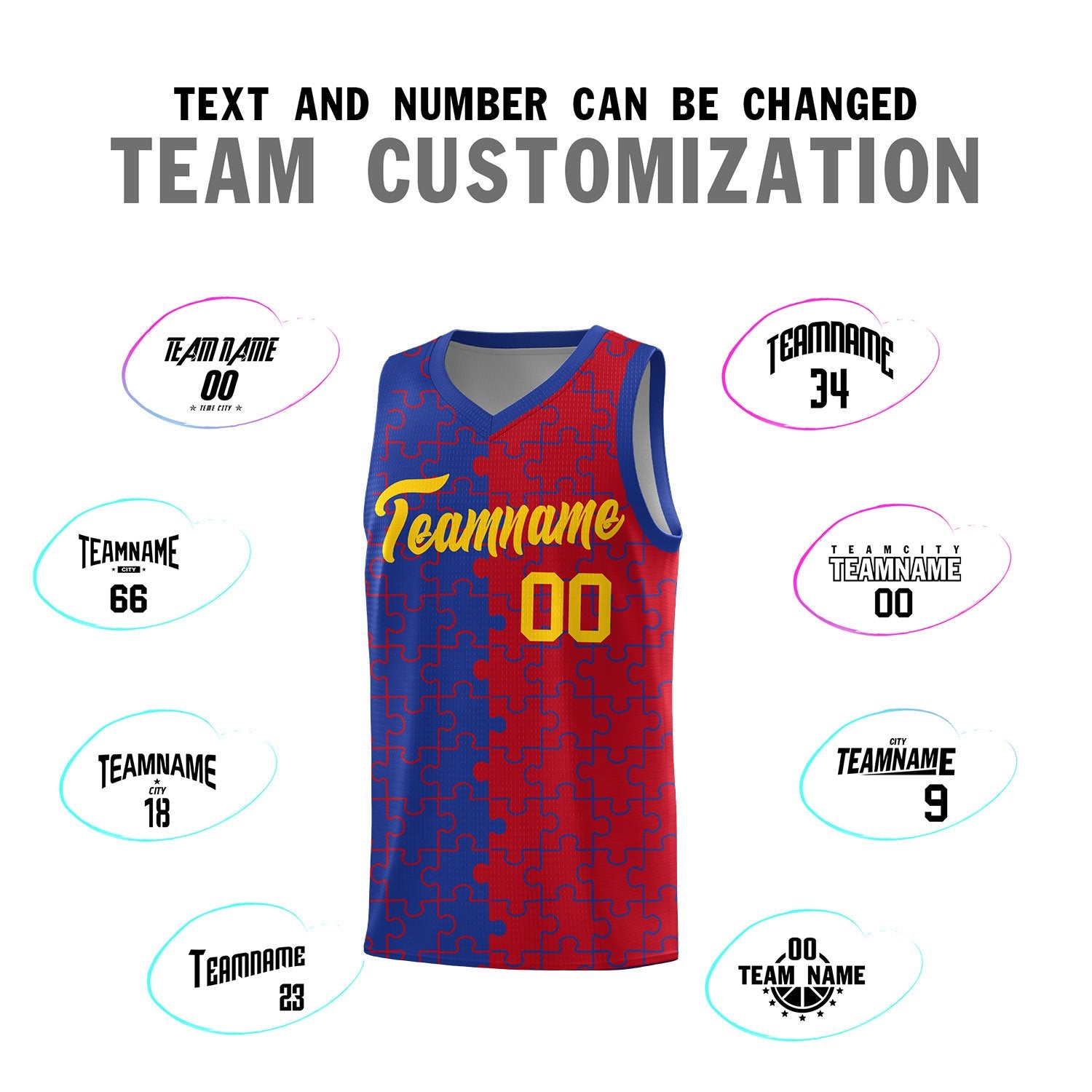 Custom Royal Red Splid Basketball Kits With Puzzle Pattern