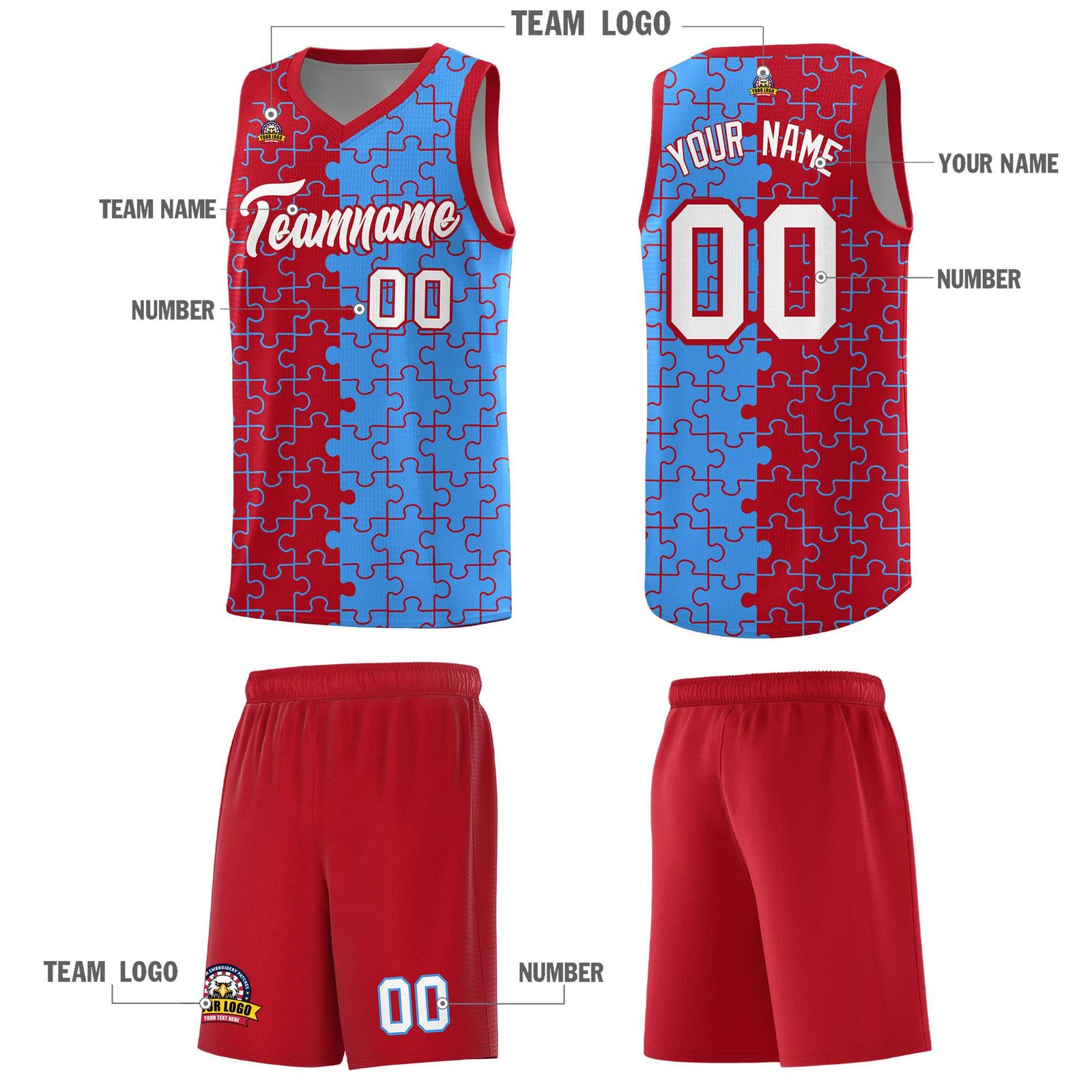 Custom Red Light Blue Splid Basketball Kits With Puzzle Pattern