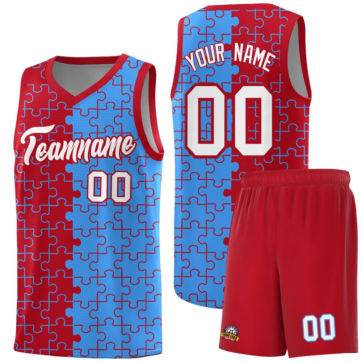 Custom Red Light Blue Splid Basketball Kits With Puzzle Pattern