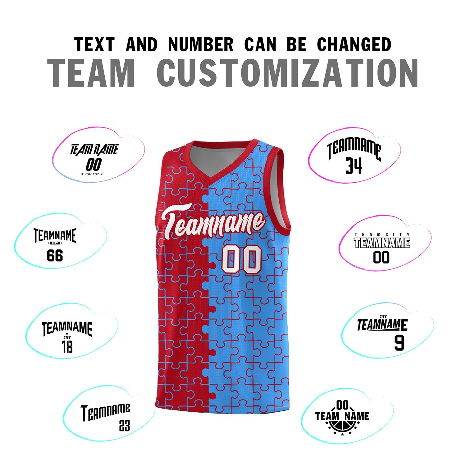 Custom Red Light Blue Splid Basketball Kits With Puzzle Pattern
