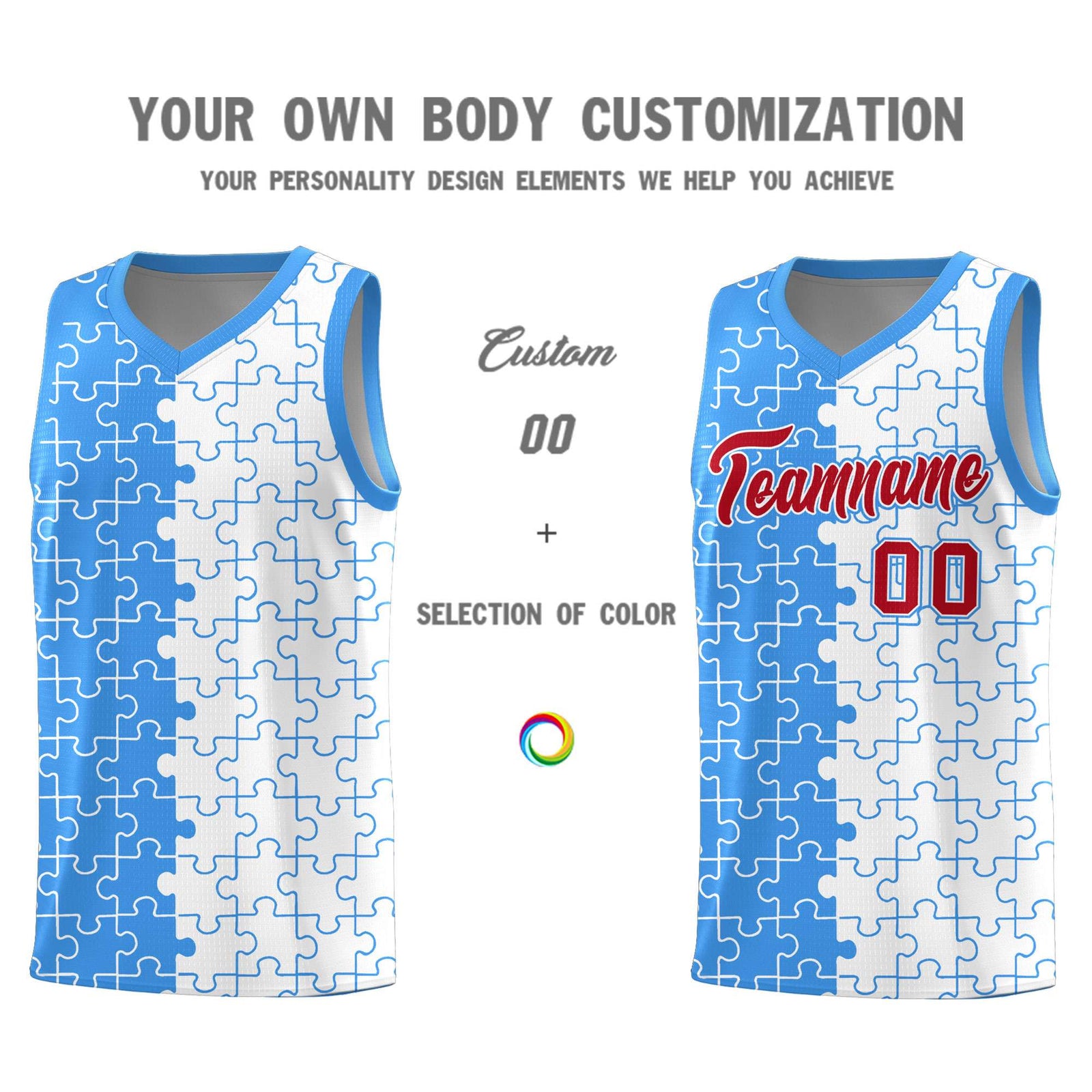 Custom Light Blue White Splid Basketball Kits With Puzzle Pattern