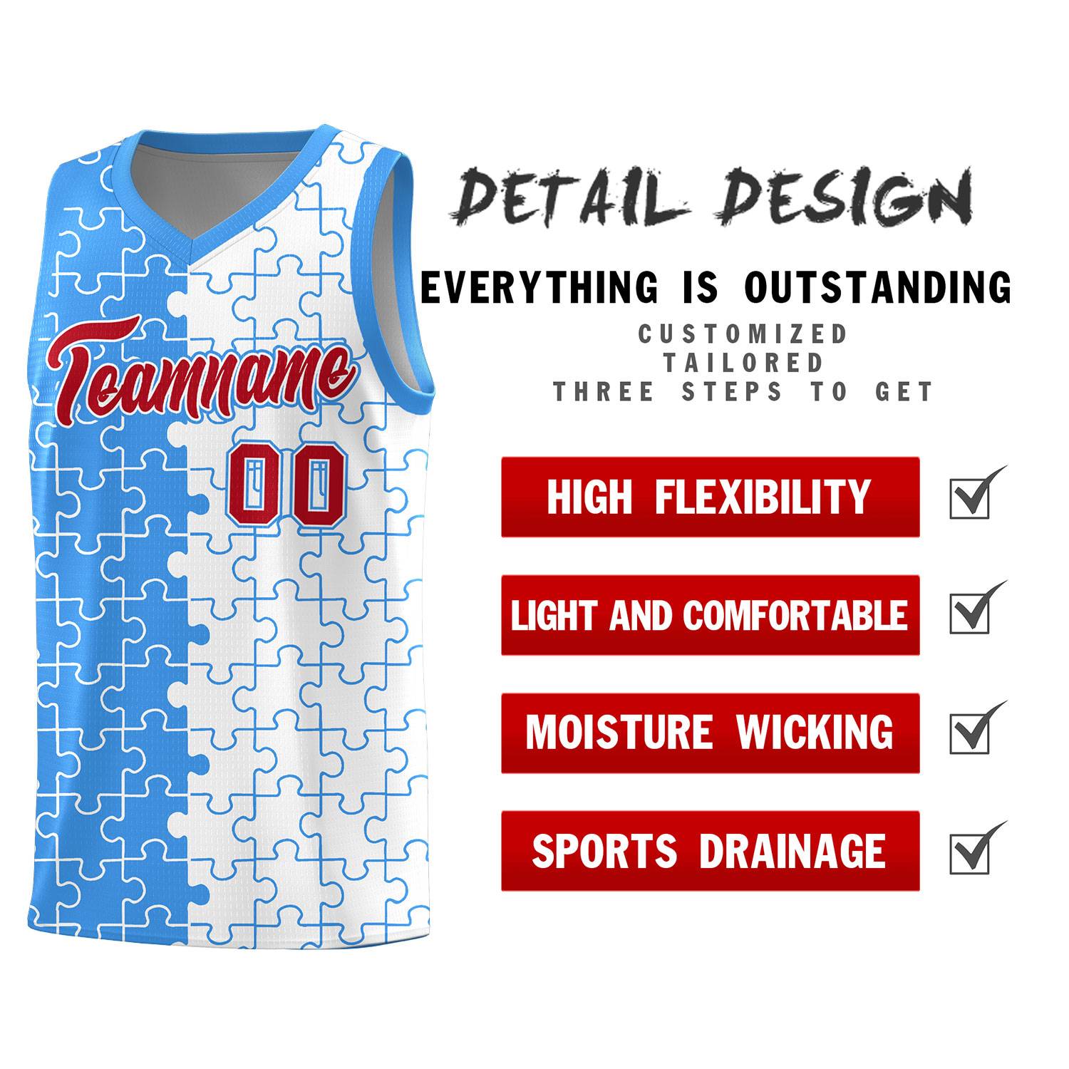 Custom Light Blue White Splid Basketball Kits With Puzzle Pattern