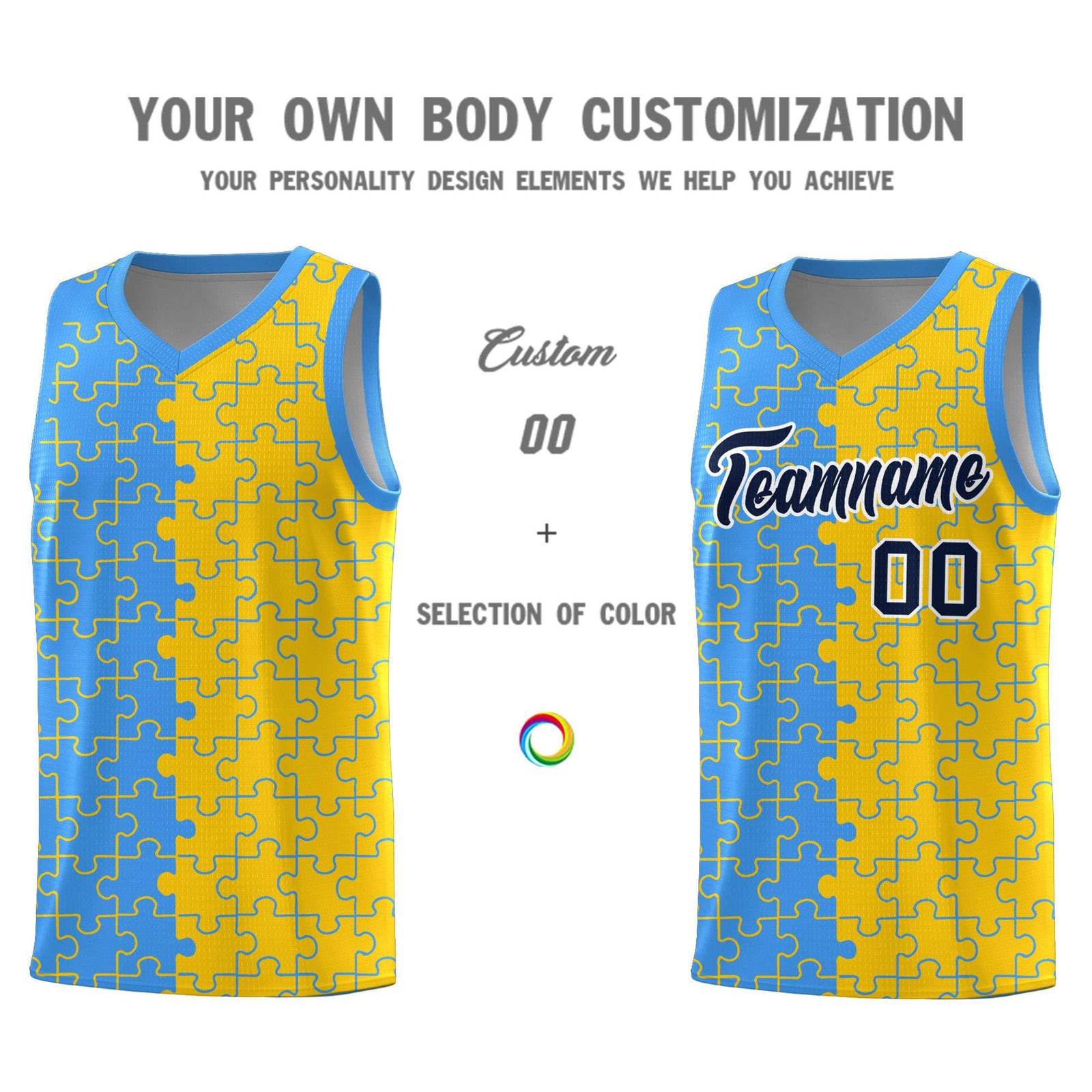 Custom Light Blue Gold Splid Basketball Kits With Puzzle Pattern
