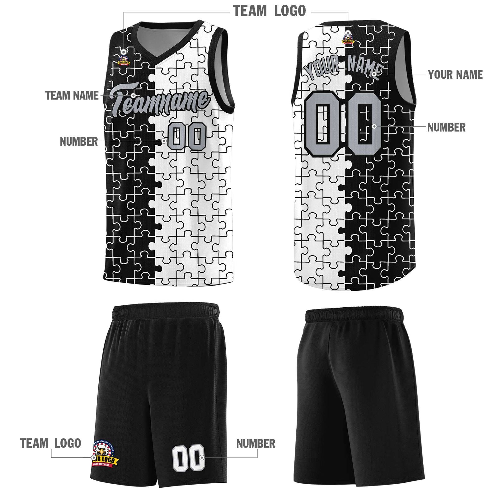 Custom Black White Splid Basketball Kits With Puzzle Pattern