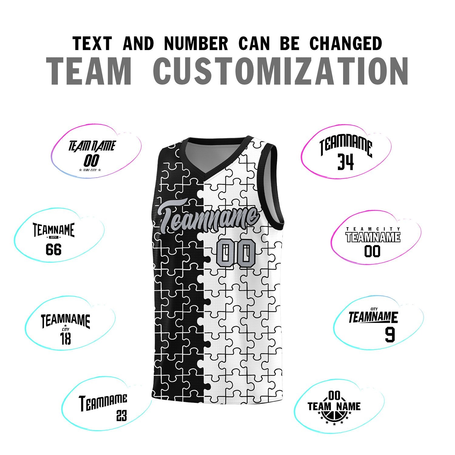 Custom Black White Splid Basketball Kits With Puzzle Pattern