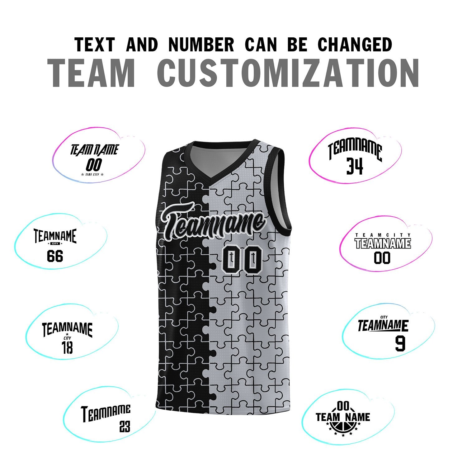 Custom Black Gray Splid Basketball Kits With Puzzle Pattern