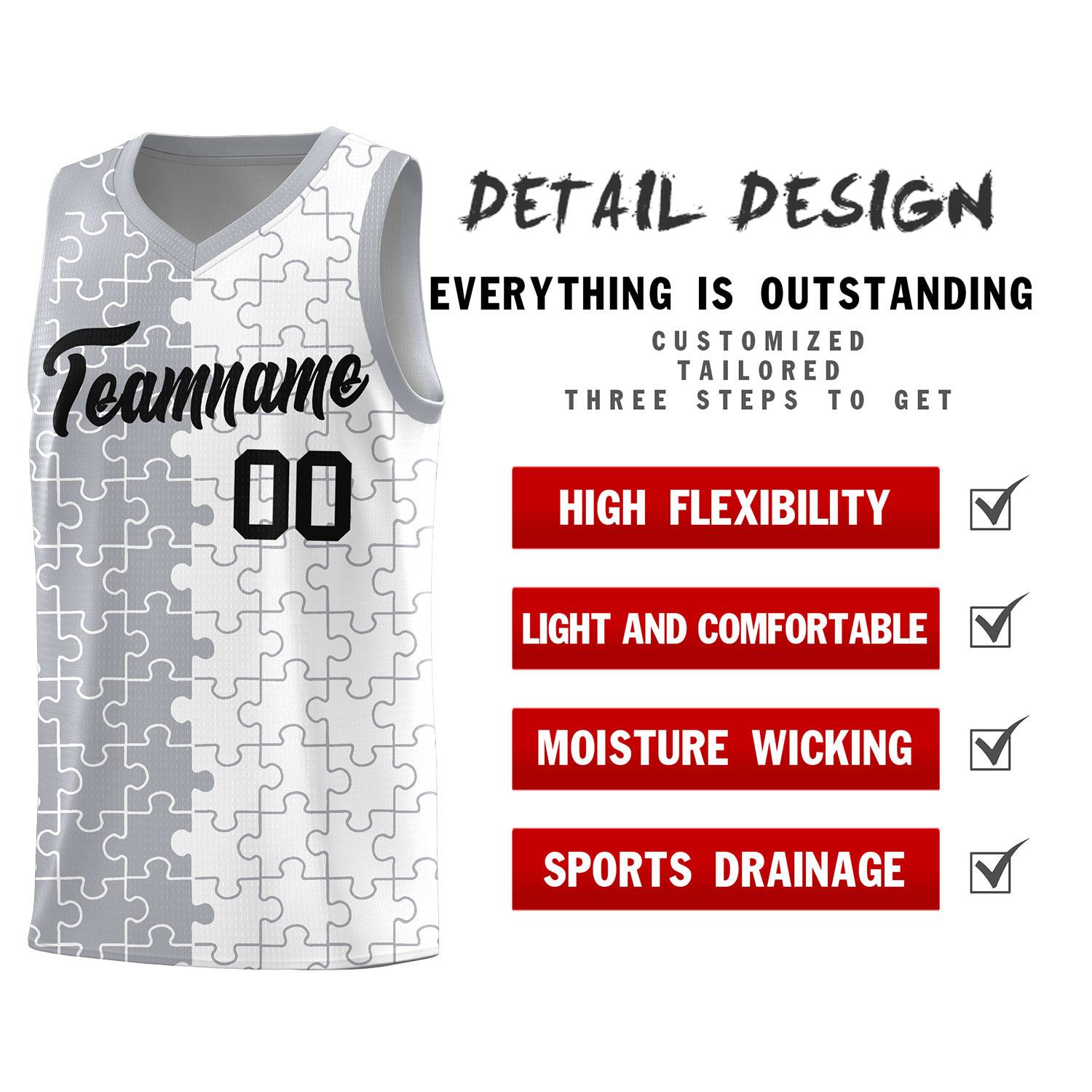 Custom Gray White Splid Basketball Kits With Puzzle Pattern