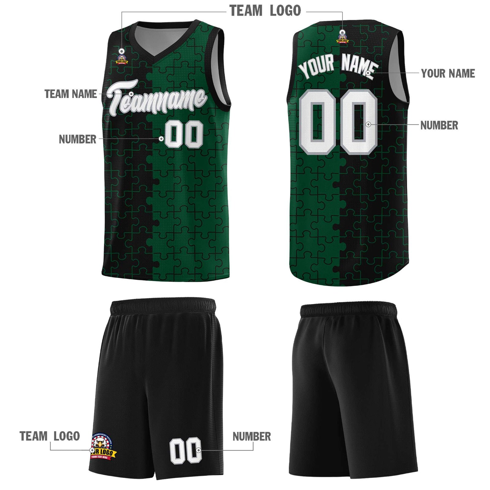 Custom Black Green Splid Basketball Kits With Puzzle Pattern