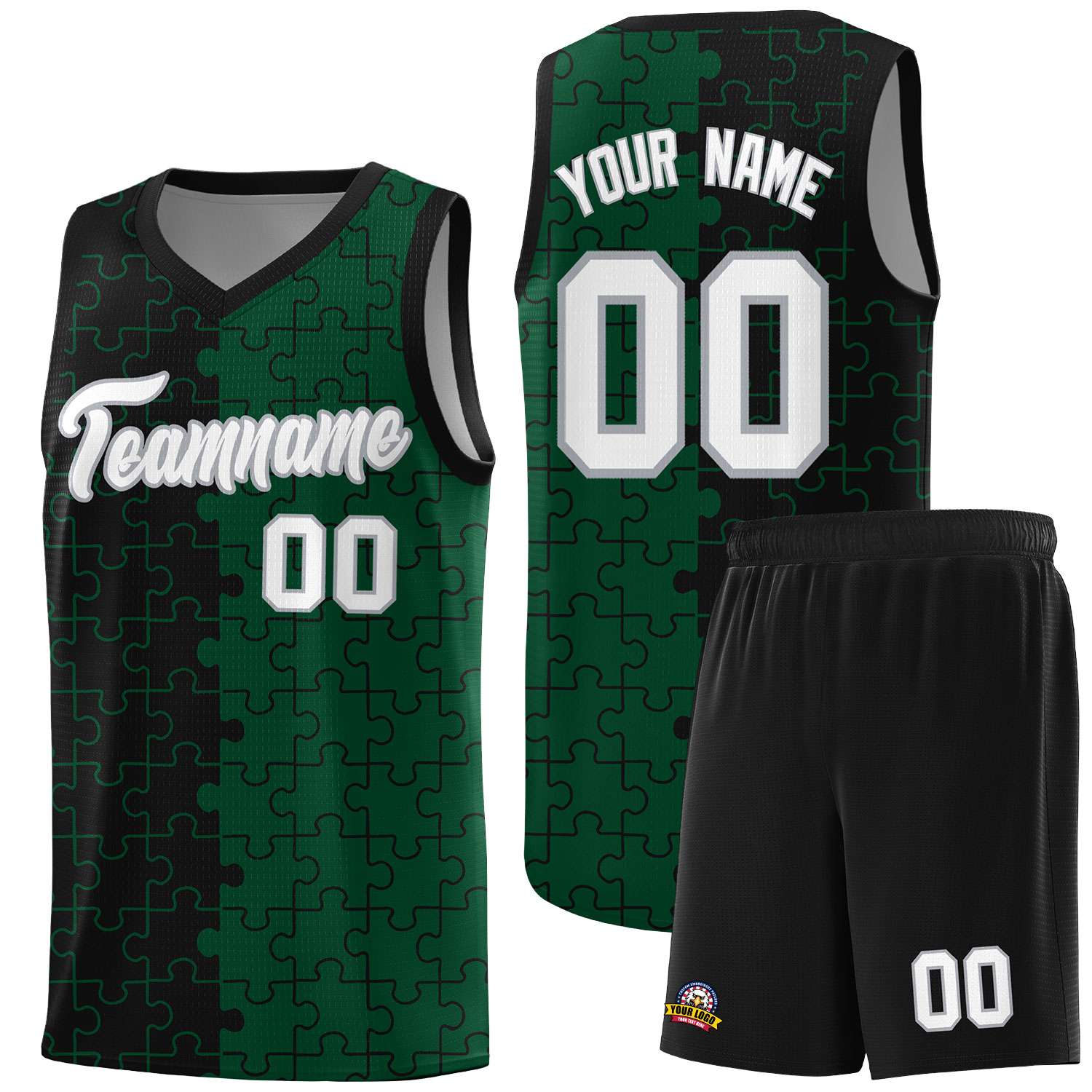 Custom Black Green Splid Basketball Kits With Puzzle Pattern