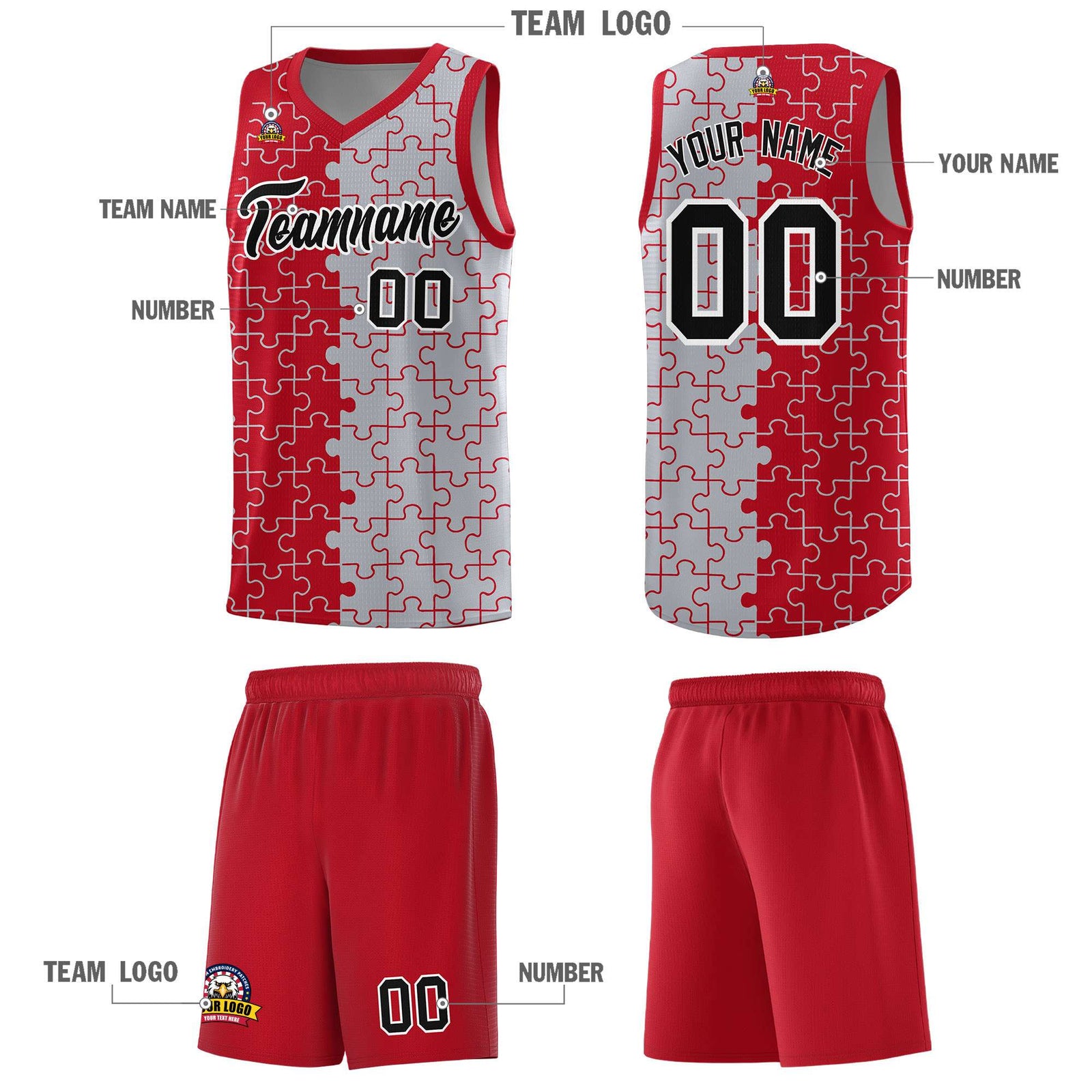 Custom Red Gray Splid Basketball Kits With Puzzle Pattern
