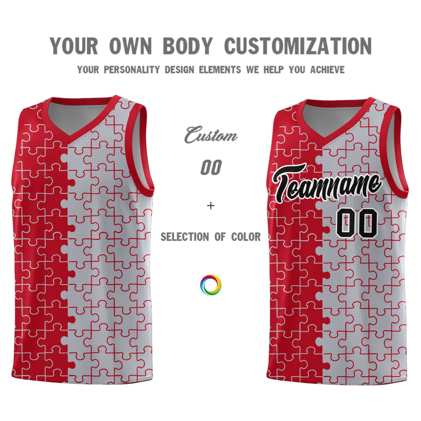 Custom Red Gray Splid Basketball Kits With Puzzle Pattern