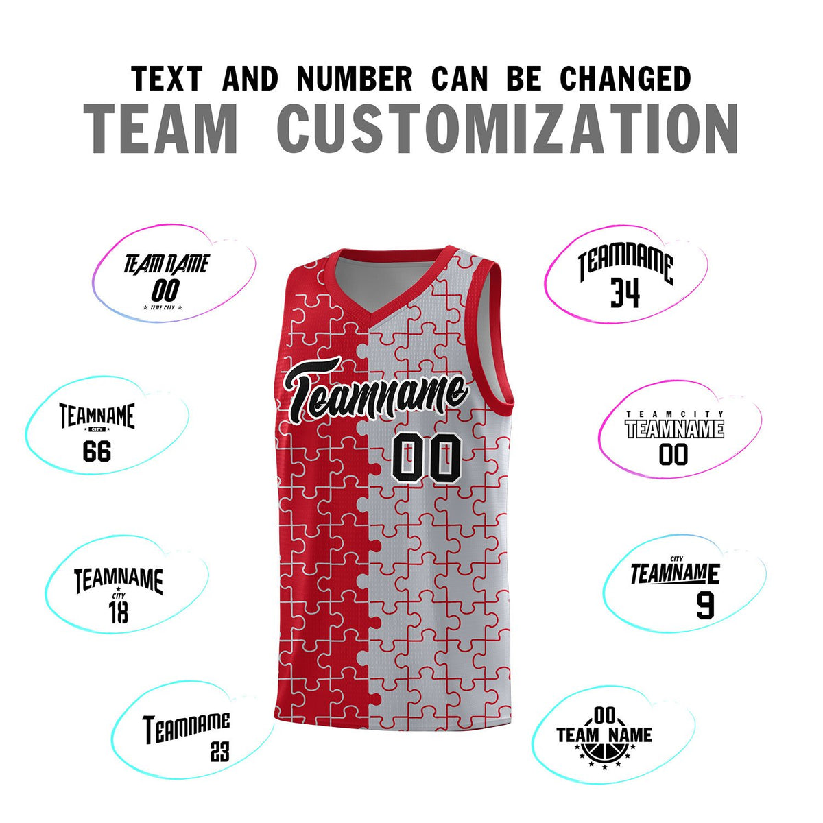 Custom Red Gray Splid Basketball Kits With Puzzle Pattern