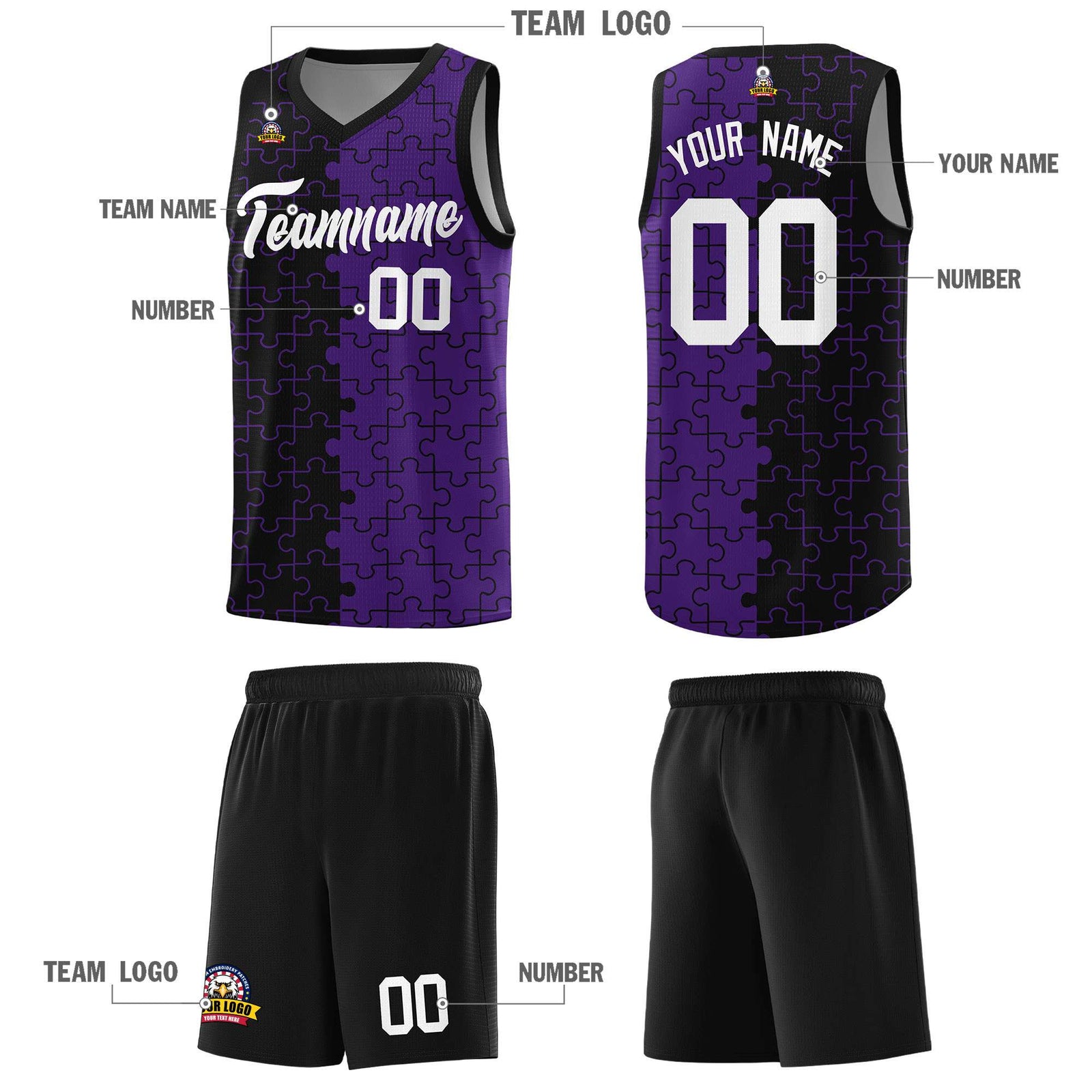 Custom Black Purple Splid Basketball Kits With Puzzle Pattern