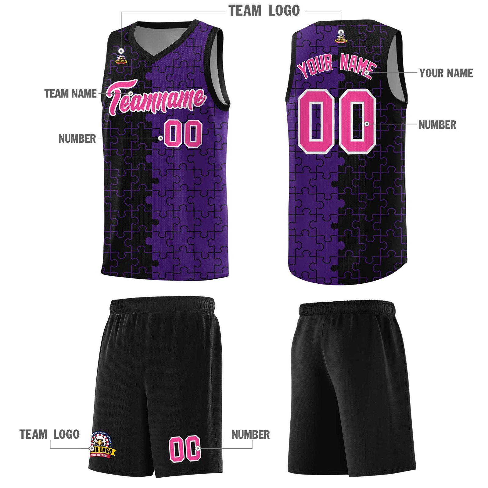 Custom Black Purple Splid Basketball Kits With Puzzle Pattern