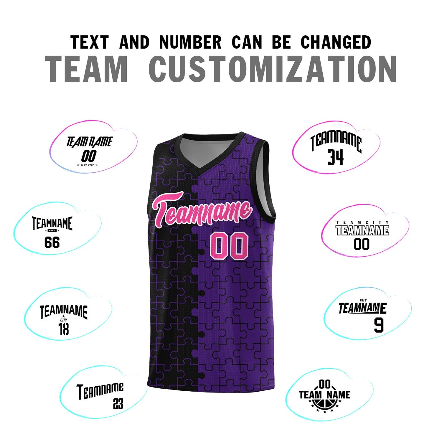 Custom Black Purple Splid Basketball Kits With Puzzle Pattern