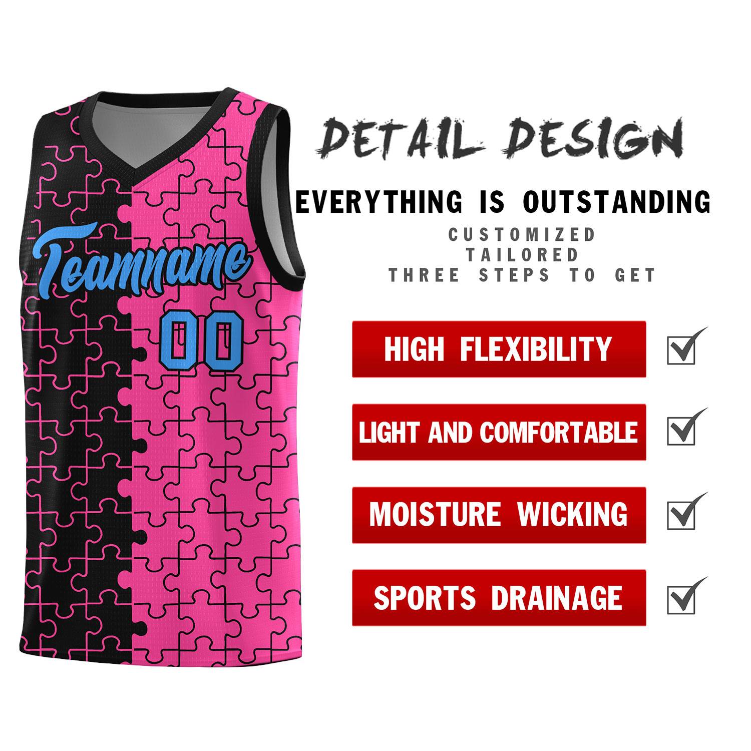 Custom Black Pink Splid Basketball Kits With Puzzle Pattern