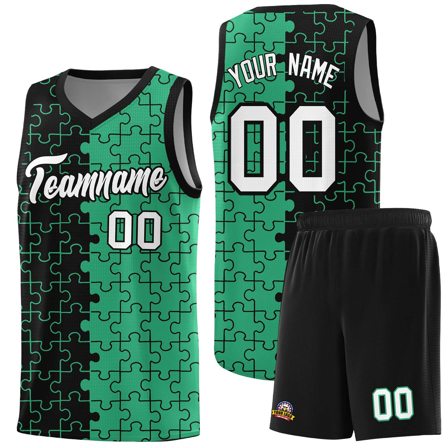 Custom Black Green Splid Basketball Kits With Puzzle Pattern