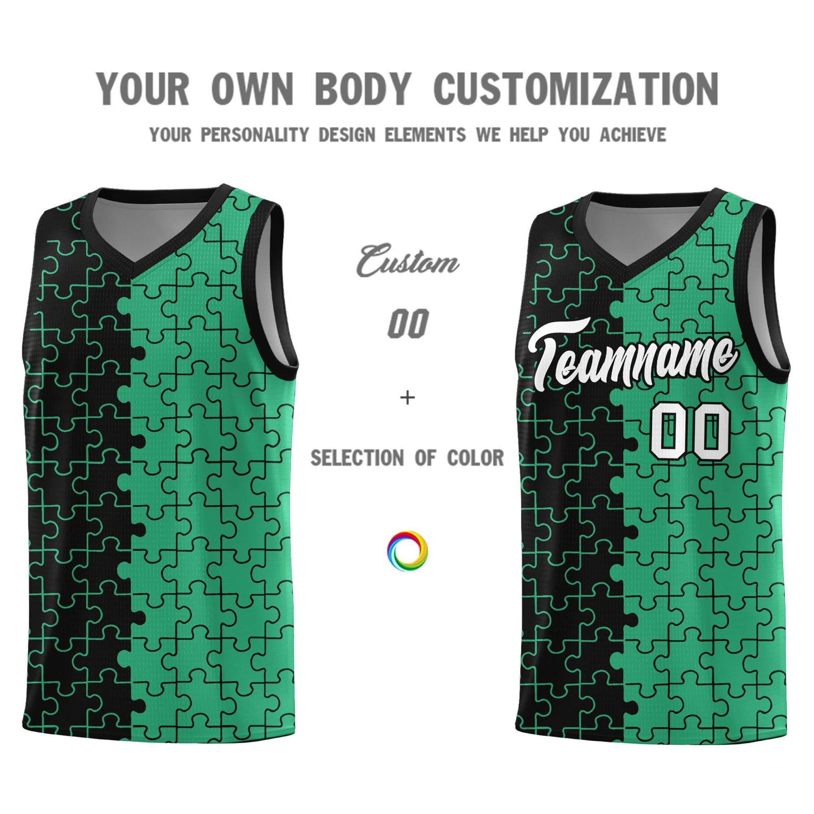 Custom Black Green Splid Basketball Kits With Puzzle Pattern
