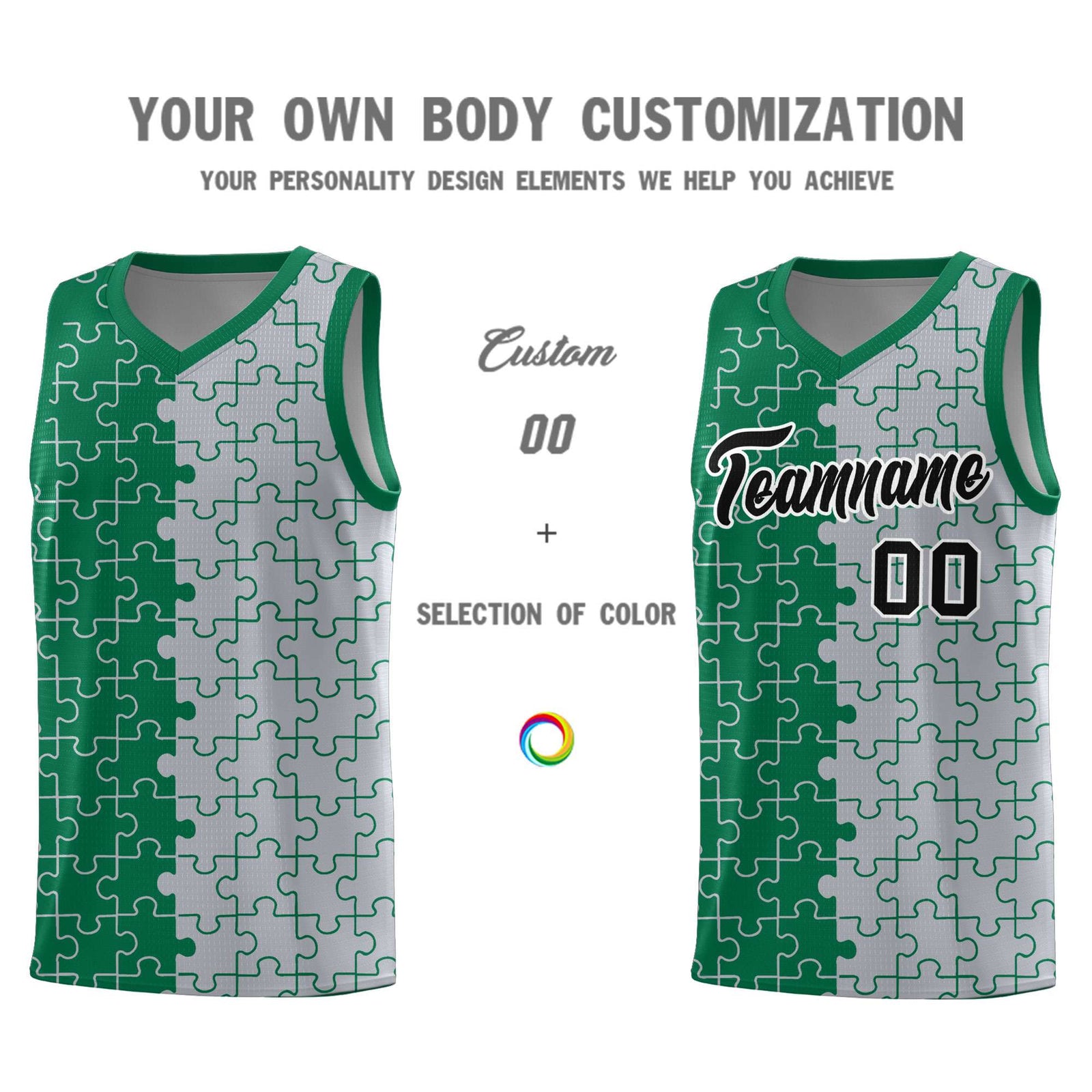 Custom Kelly Green Gray Splid Basketball Kits With Puzzle Pattern