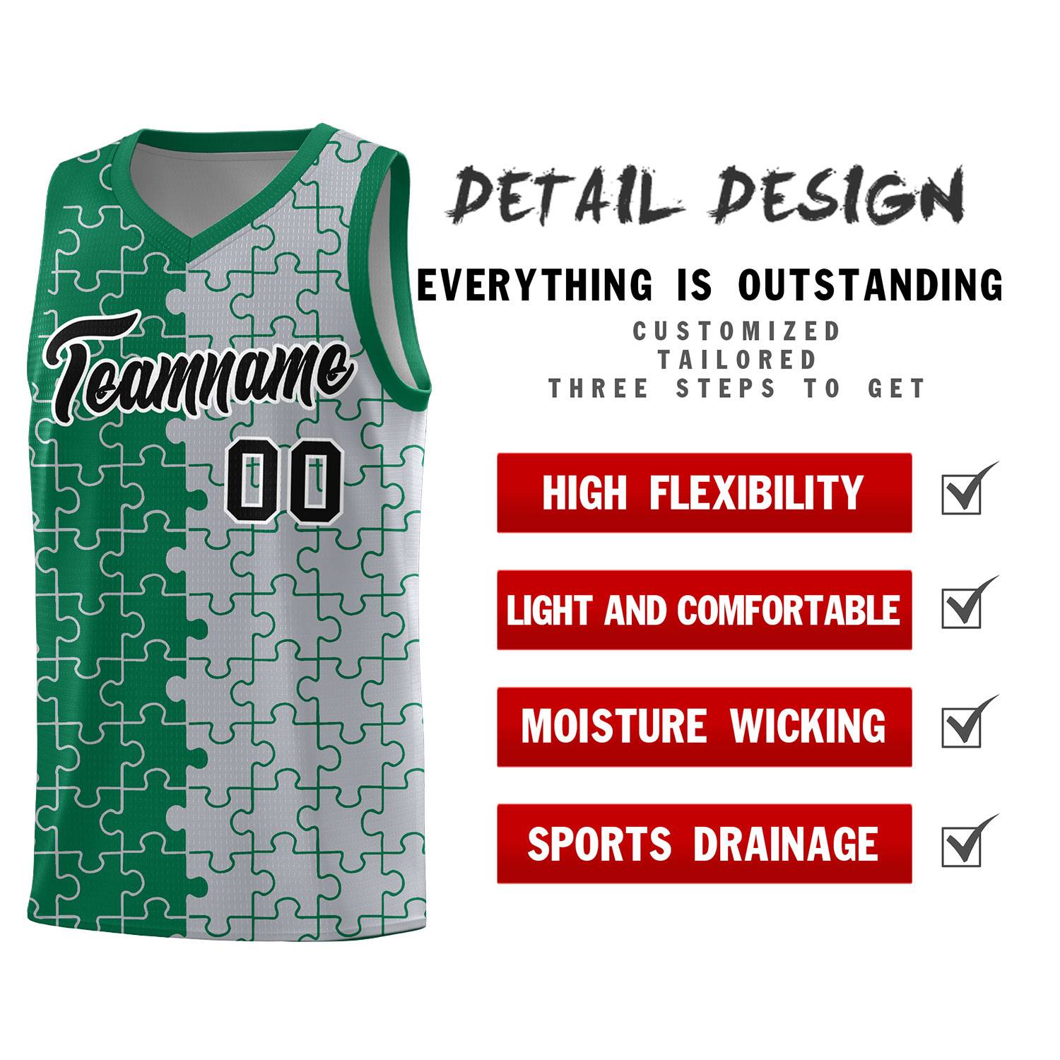 Custom Kelly Green Gray Splid Basketball Kits With Puzzle Pattern