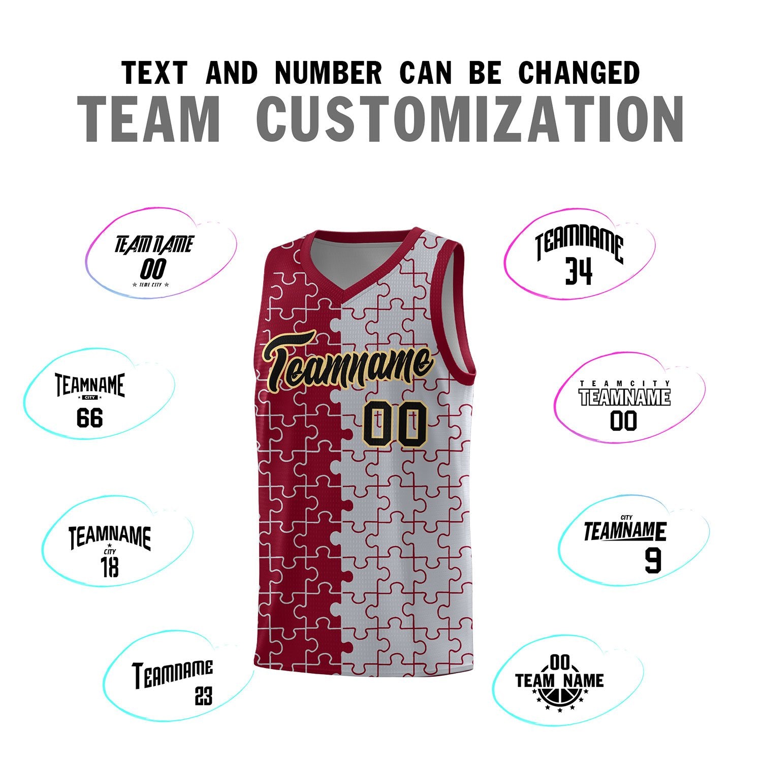 Custom Crimson Gray Splid Basketball Kits With Puzzle Pattern