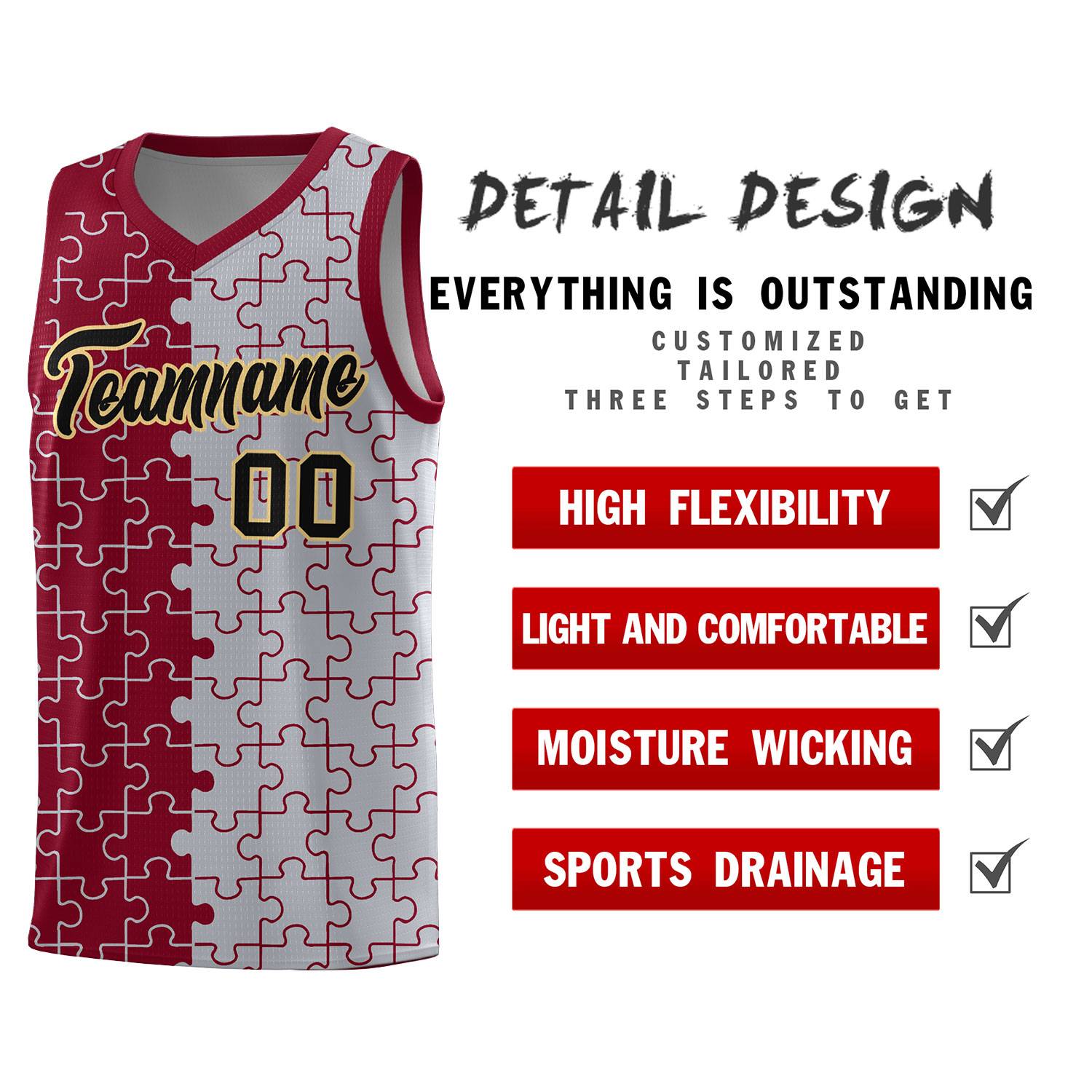 Custom Crimson Gray Splid Basketball Kits With Puzzle Pattern