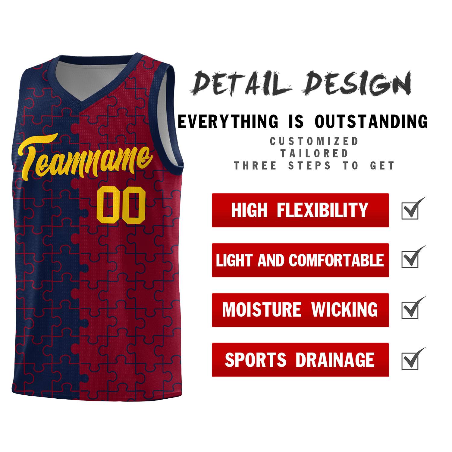 Custom Navy Crimson Splid Basketball Kits With Puzzle Pattern