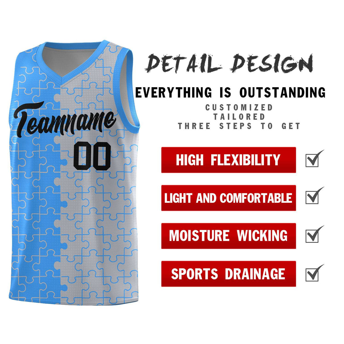 Custom Light Blue Gray Splid Basketball Kits With Puzzle Pattern