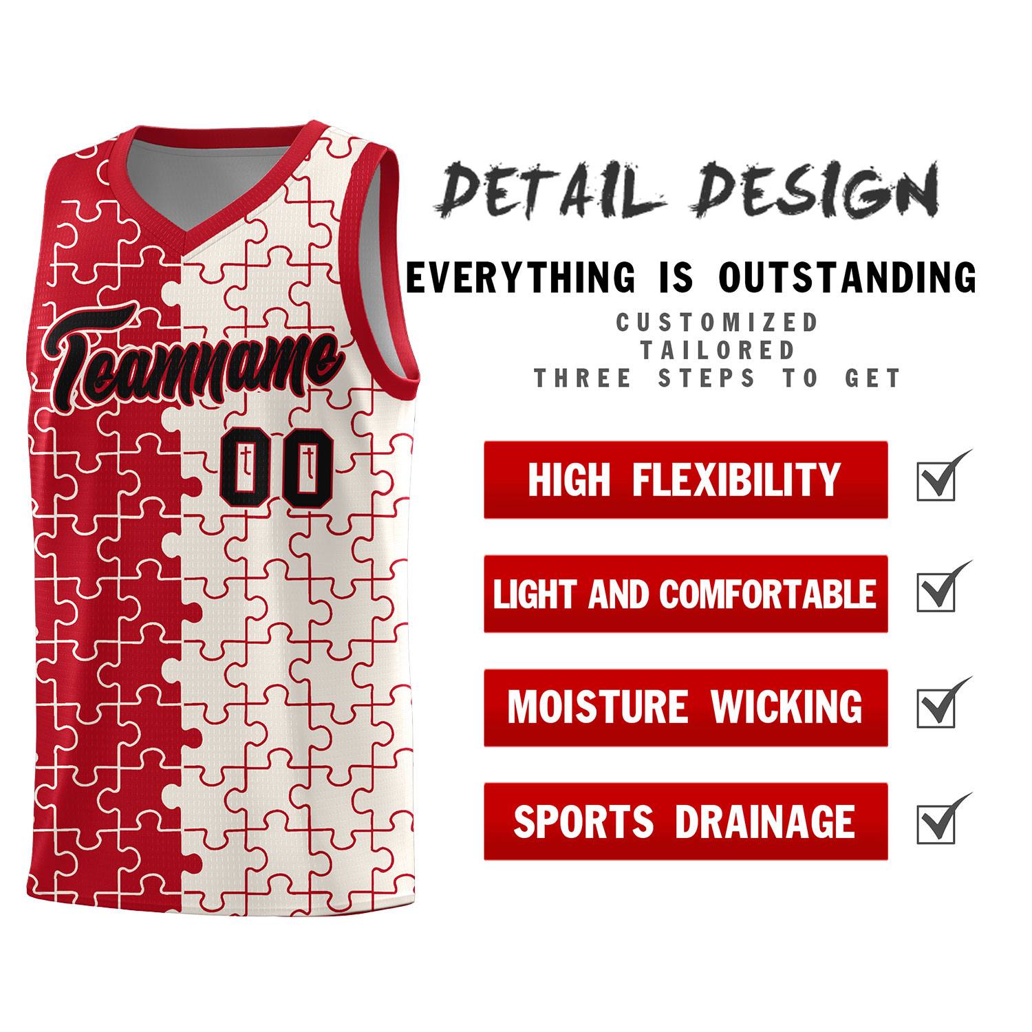 Custom Red Cream Splid Basketball Kits With Puzzle Pattern