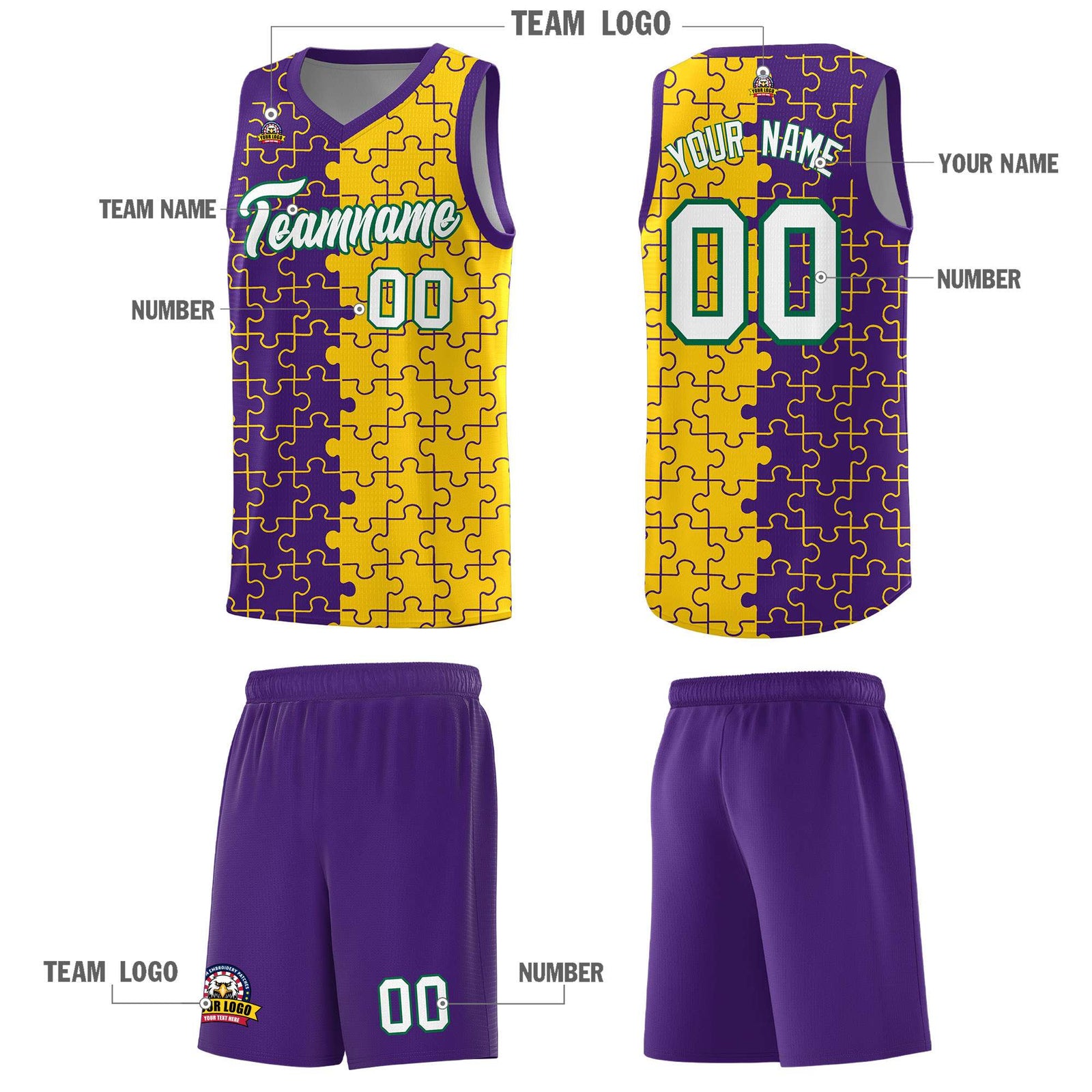 Custom Purple Gold Splid Basketball Kits With Puzzle Pattern
