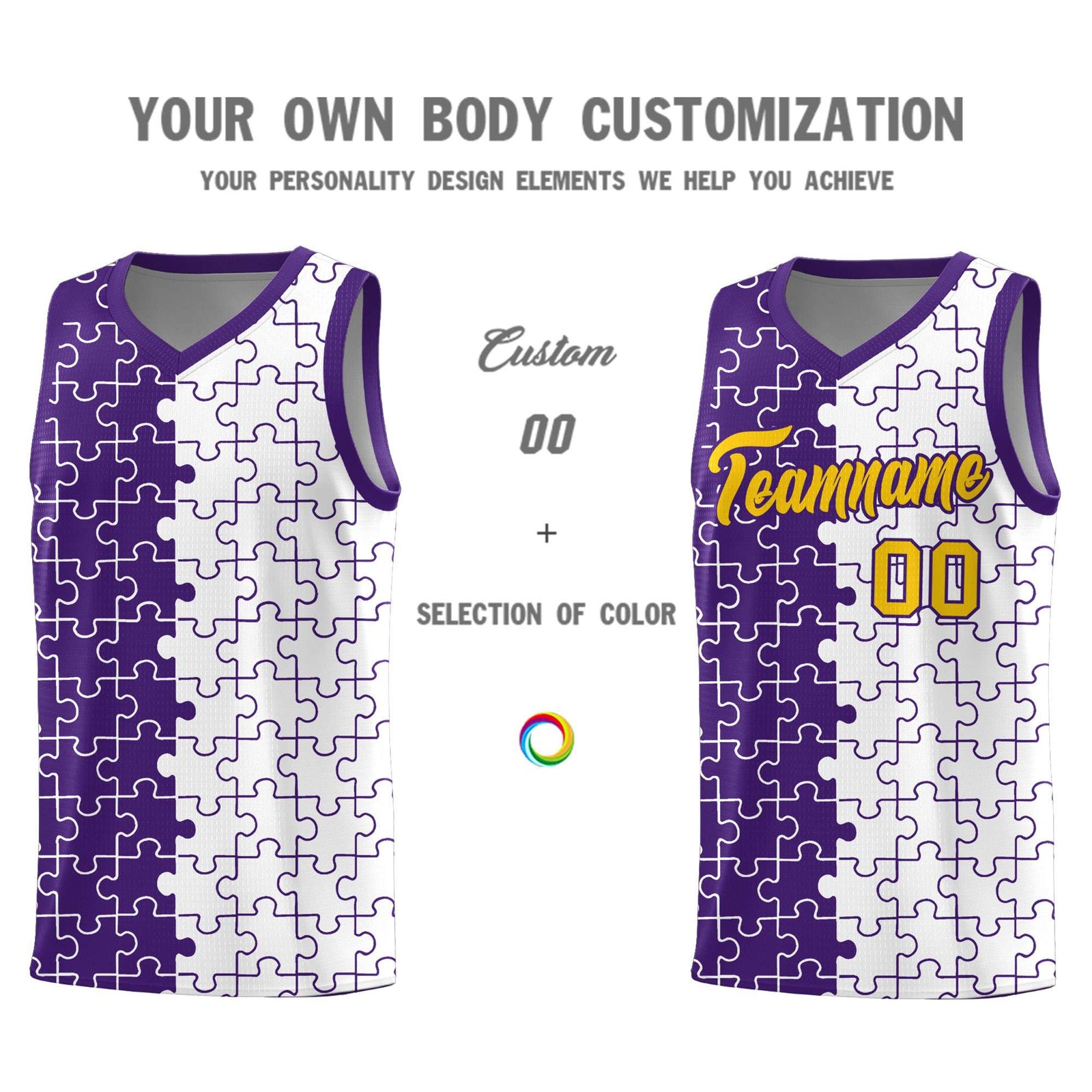 Custom Purple White Splid Basketball Kits With Puzzle Pattern