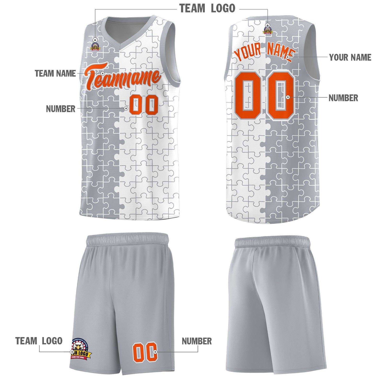 Custom Gray White Splid Basketball Kits With Puzzle Pattern