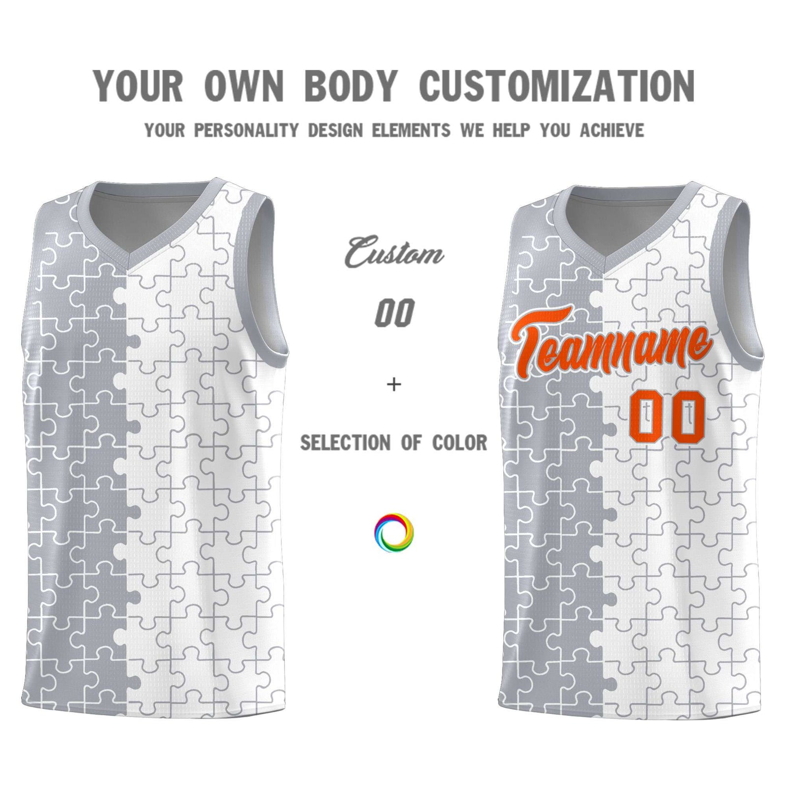 Custom Gray White Splid Basketball Kits With Puzzle Pattern