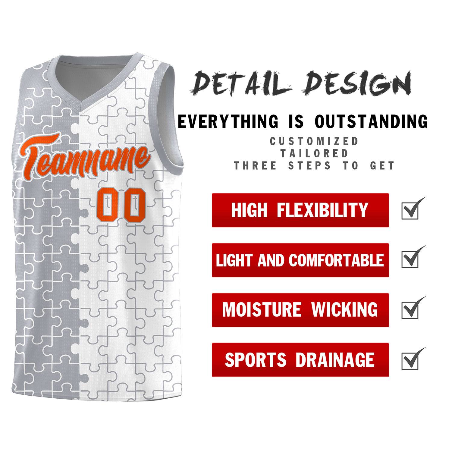 Custom Gray White Splid Basketball Kits With Puzzle Pattern