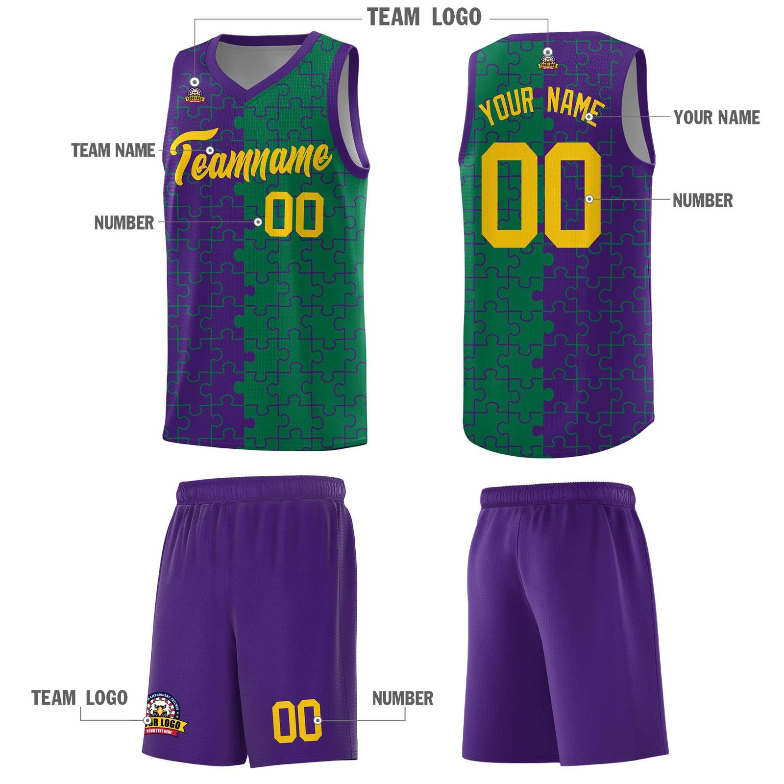Custom Purple Kelly Green Splid Basketball Kits With Puzzle Pattern