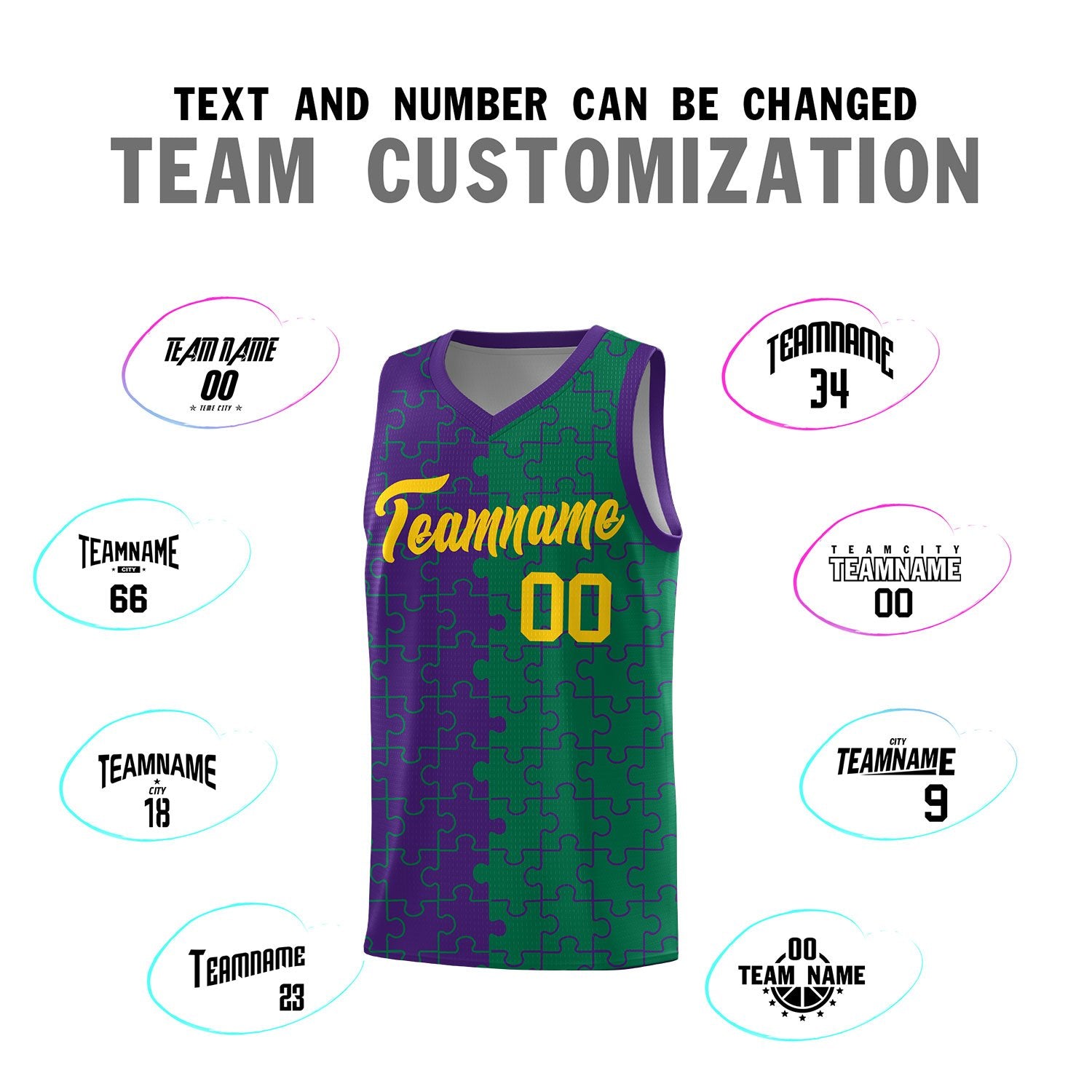 Custom Purple Kelly Green Splid Basketball Kits With Puzzle Pattern
