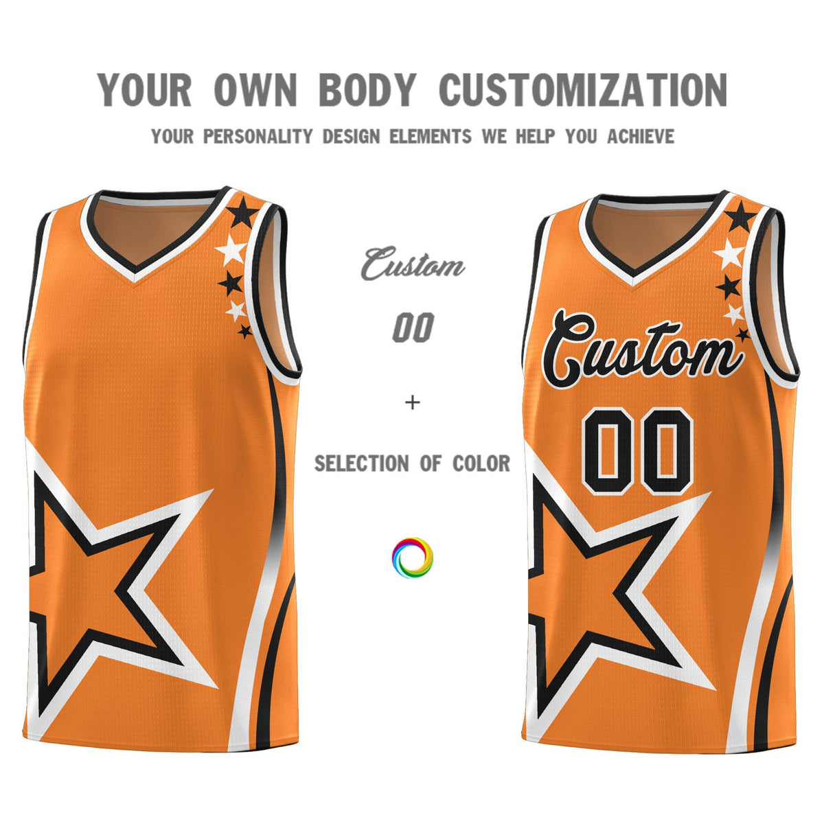 Custom Gold Orange Shoulder Stars Graffiti Pattern Sets Basketball Jersey