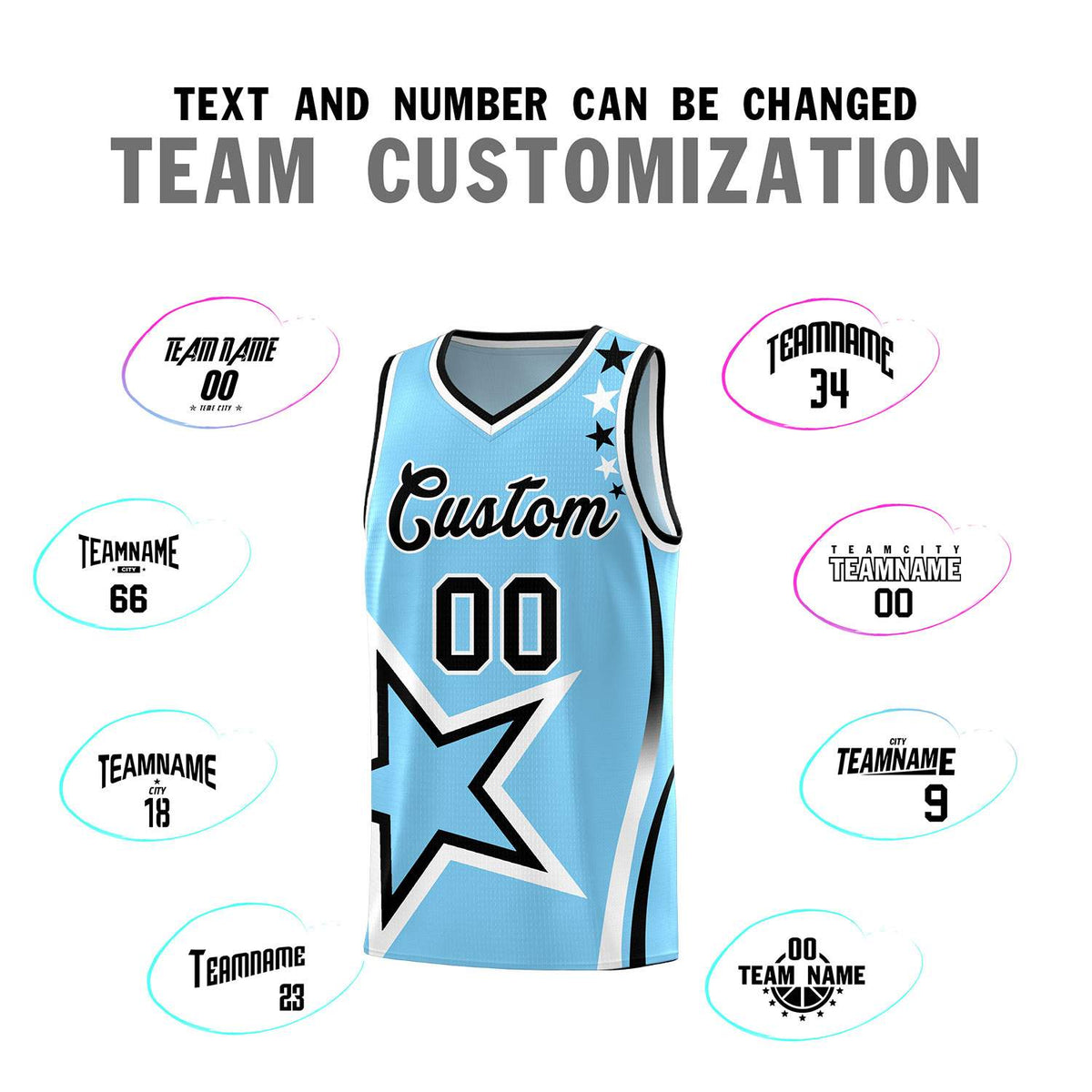 Custom Light Blue Shoulder Stars Graffiti Pattern Sets Basketball Jersey