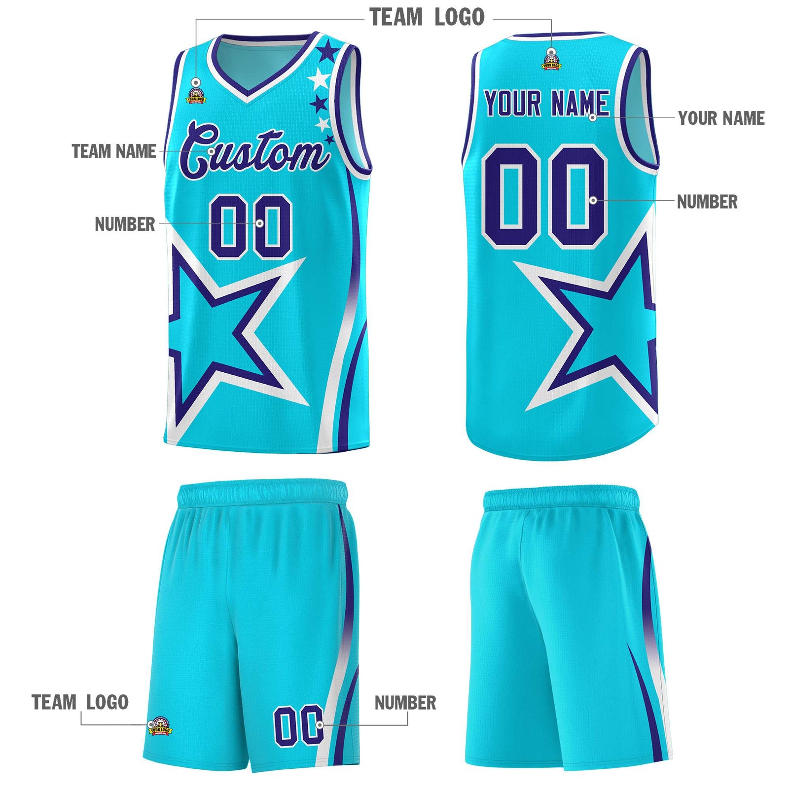 Custom Sky Blue Shoulder Stars Graffiti Pattern Sets Basketball Jersey