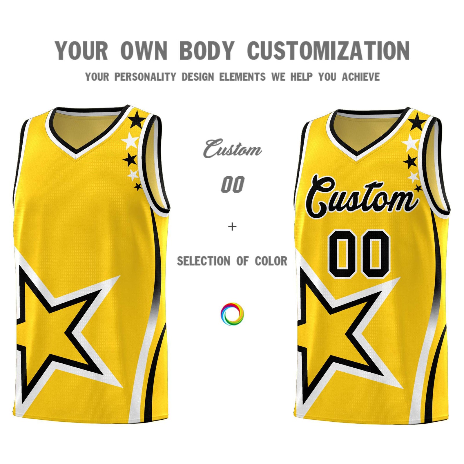 Custom Gold Shoulder Stars Graffiti Pattern Sets Basketball Jersey
