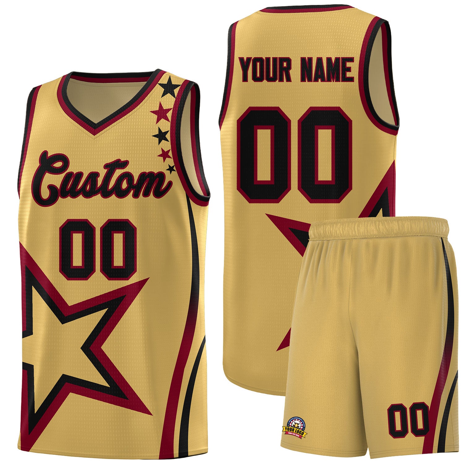 Custom Old Gold Shoulder Stars Graffiti Pattern Sets Basketball Jersey