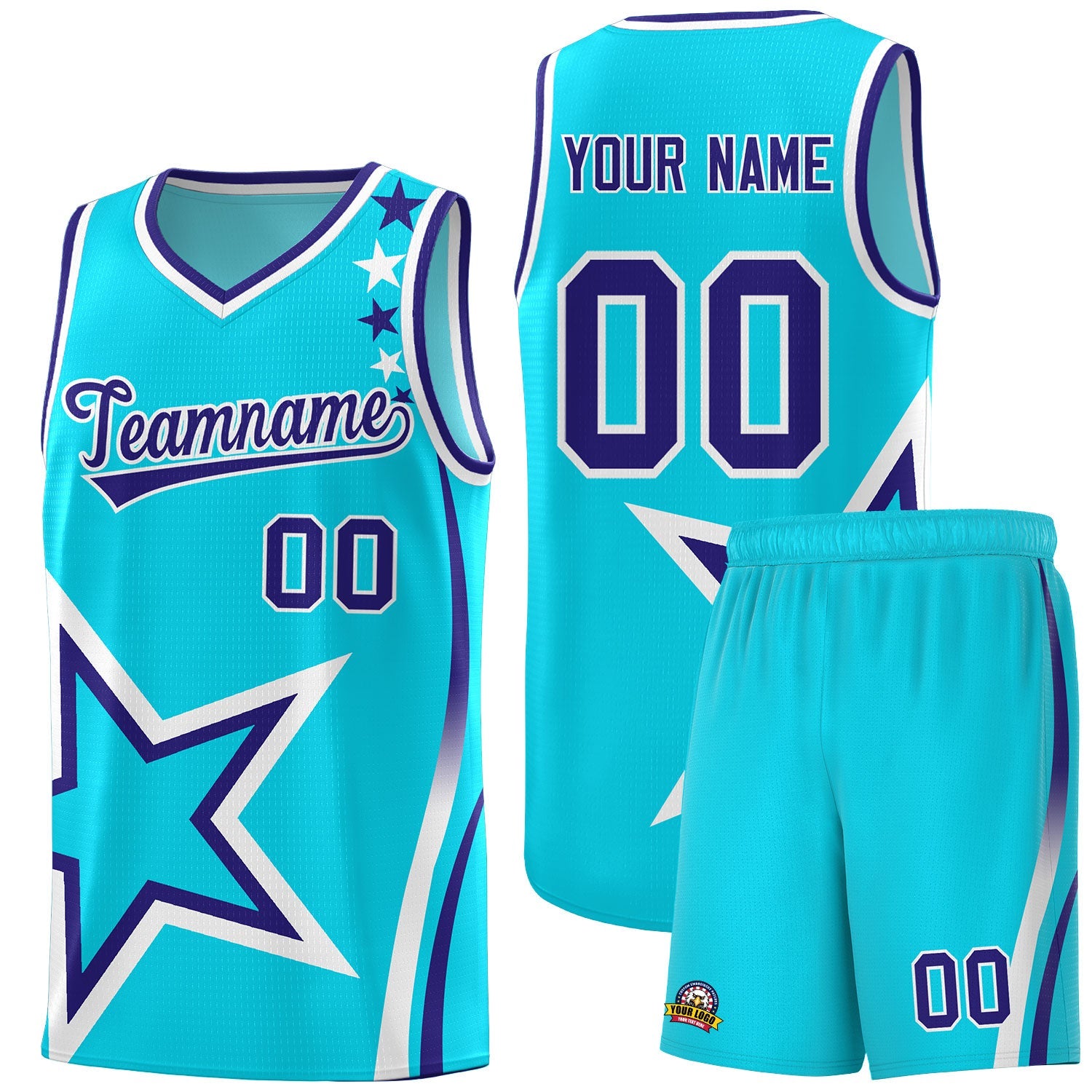 Custom Sky Blue Shoulder Stars Graffiti Pattern Sets Basketball Jersey
