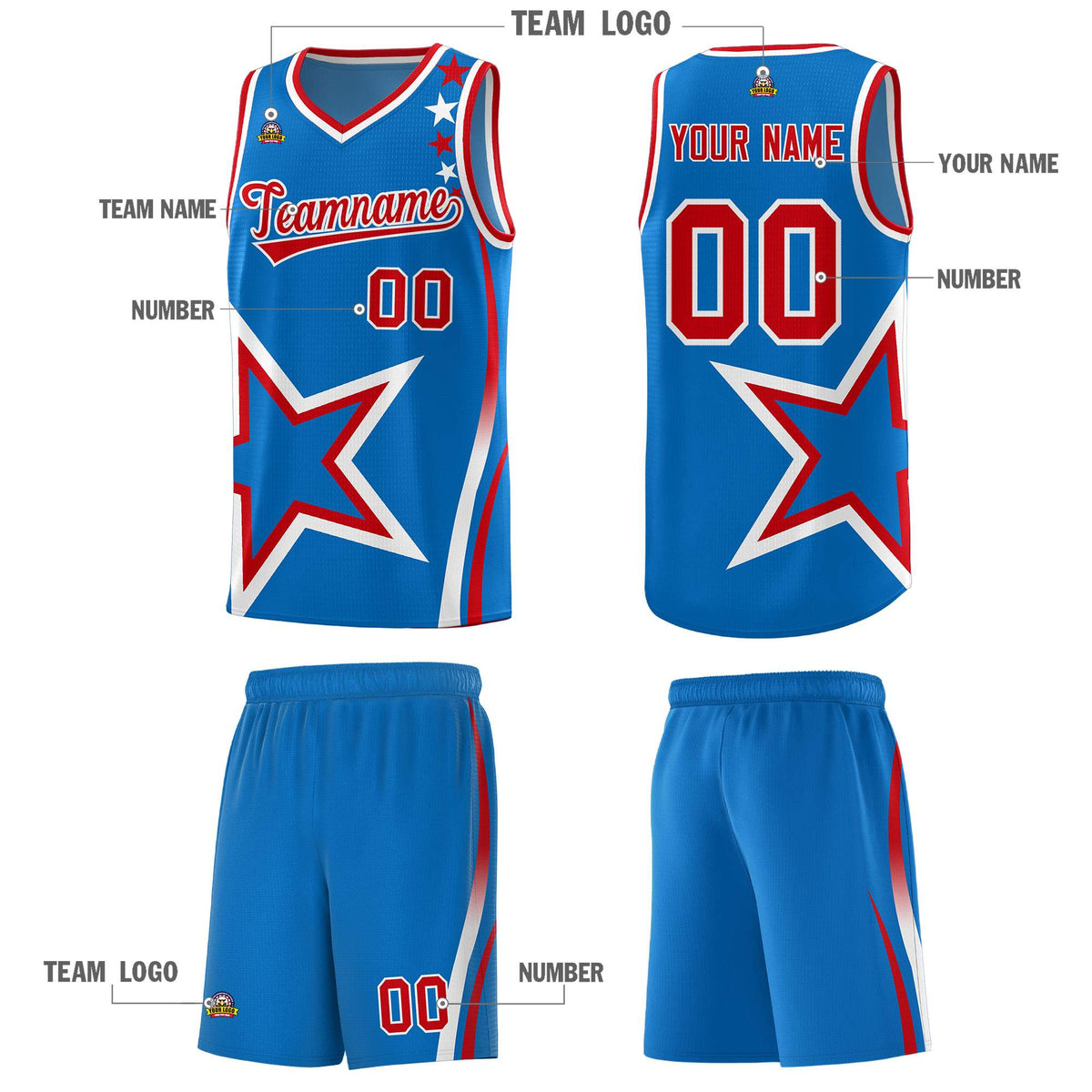 Custom Blue Shoulder Stars Graffiti Pattern Sets Basketball Jersey