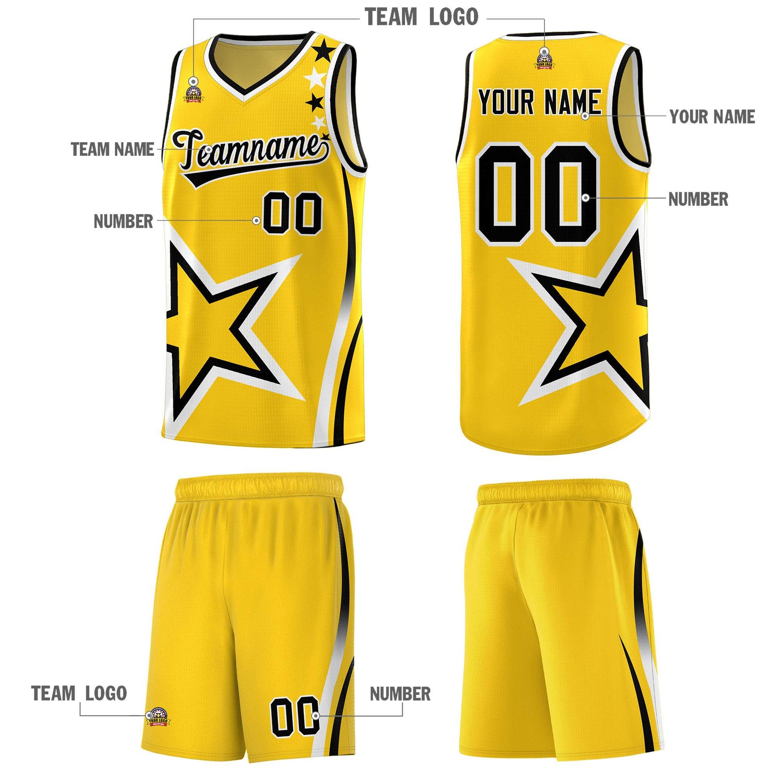 Custom Gold Shoulder Stars Graffiti Pattern Sets Basketball Jersey